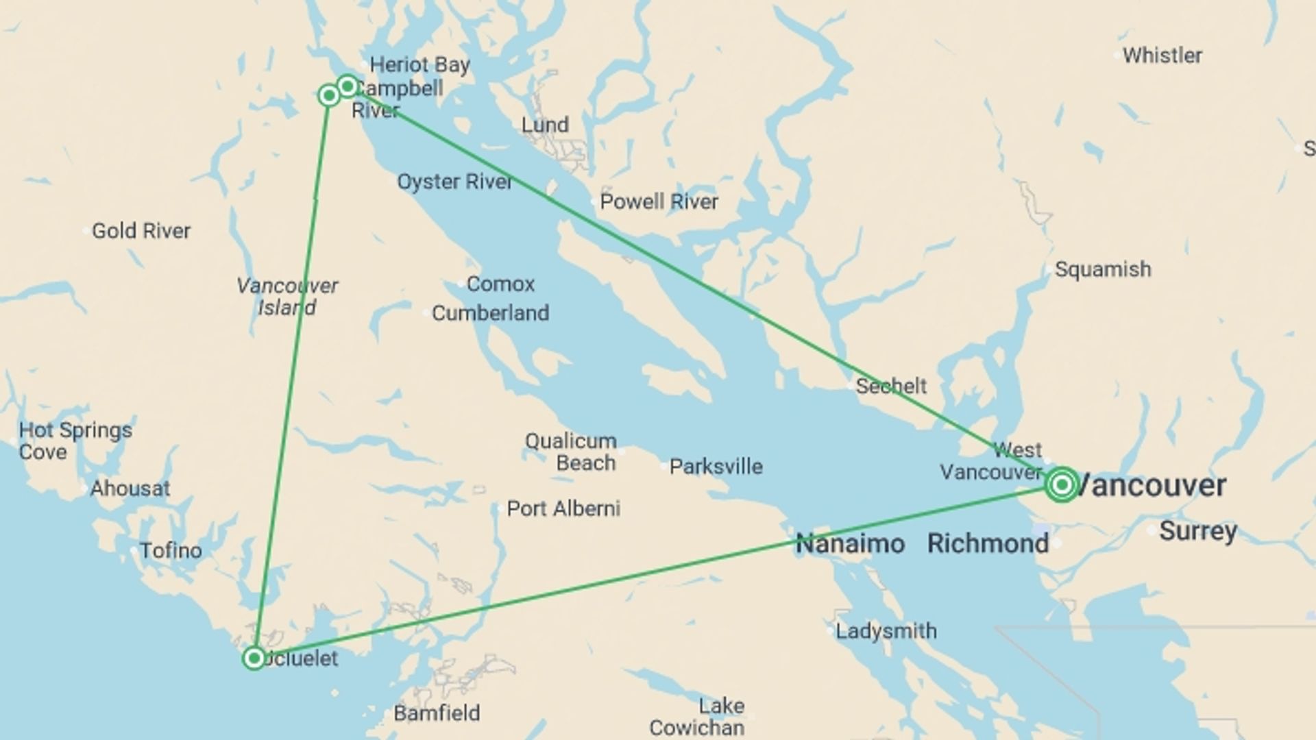 A map showing the tour itinerary for the trip: Whales & Bears of British Columbia, starting in Vancouver, Canada and ending in Vancouver, Canada going through 3 other destinations.
