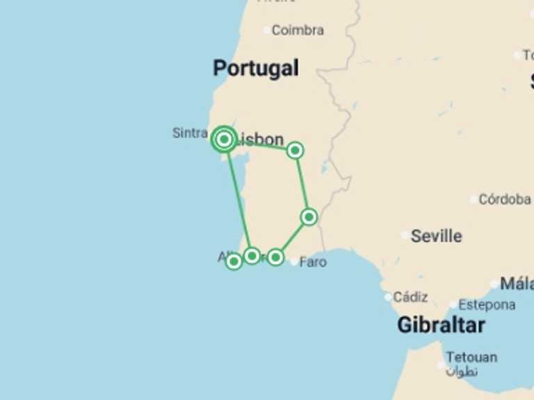 Map itinerary of Europe Tour in May 2026 with 2 destination visits for the trip: Southern Portugal