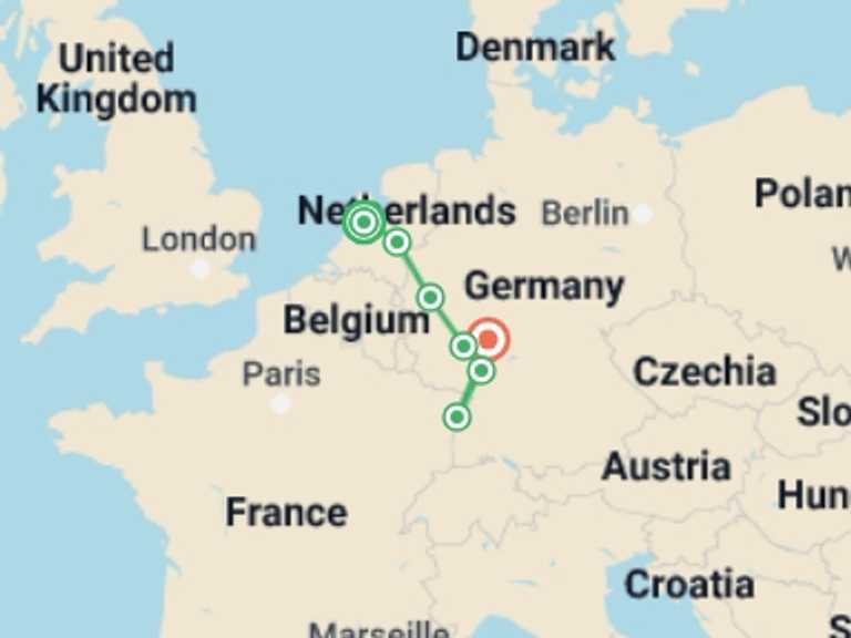 Map of 8-Day Strasbourg Tour with 9 destination visits for the trip: Radiant Rhine