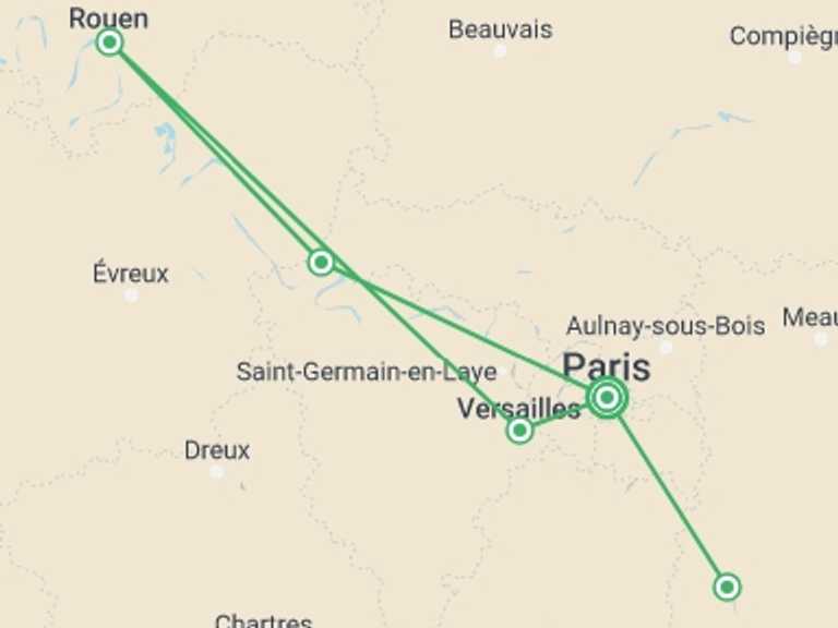 Map of Paris Cruise Tour with 5 destination visits for the trip: THE HISTORY OF FRANCE FROM PARIS TO NORMANDY Between heritage, landscapes, and Impressionist nuances (port-to-port cruise)