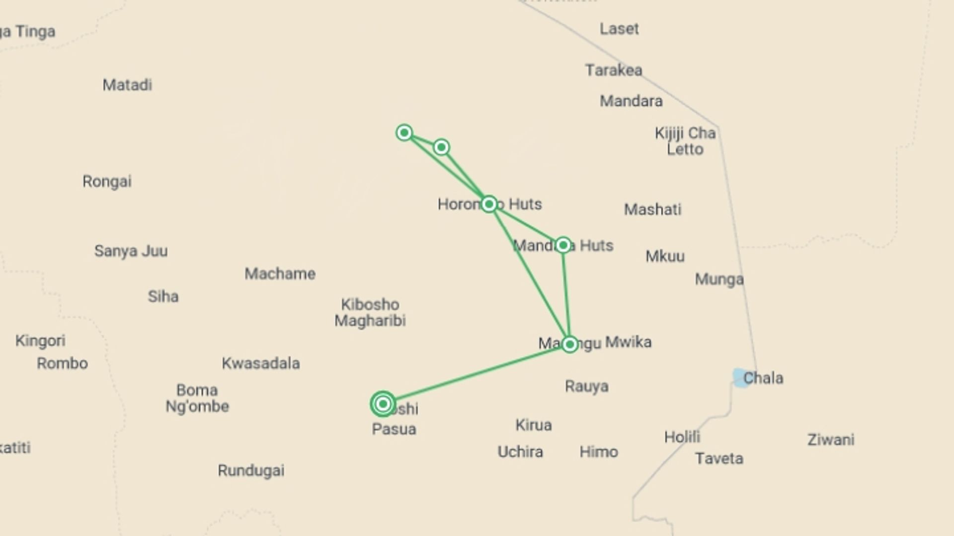 A map showing the tour itinerary for the trip: 6 Day Mount Kilimanjaro Trekking - Marangu Route, starting in Moshi, Tanzania and ending in Moshi, Tanzania going through 4 other destinations.
