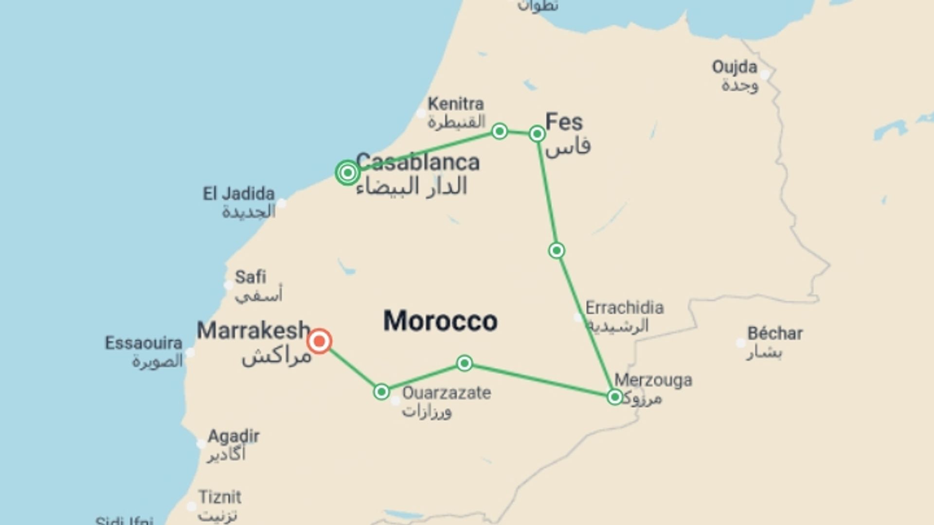 A map showing the tour itinerary for the trip: Essential Morocco, starting in Casablanca, Morocco and ending in Marrakech, Morocco going through 6 other destinations.