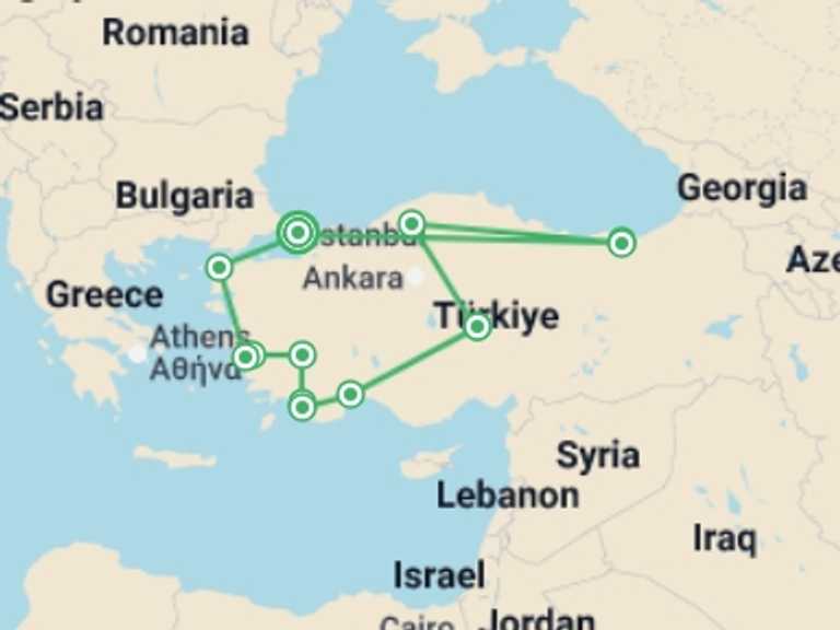 Map itinerary of Europe Tour in May 2026 with 12 destination visits for the trip: Turkey & The Black Sea Odyssey - 16 days