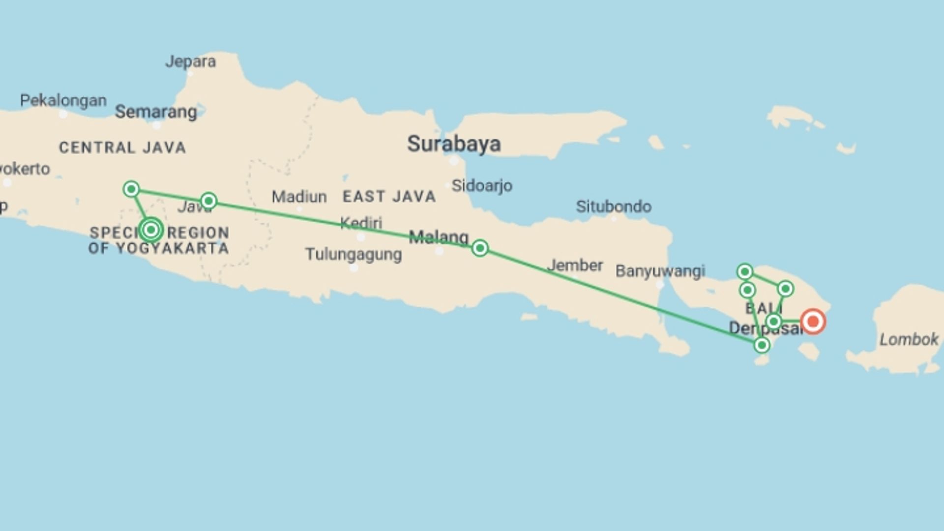 A map showing the tour itinerary for the trip: Indonesia: Yogyakarta to Bali, starting in Yogyakarta, Indonesia and ending in Candidasa, Indonesia going through 9 other destinations.