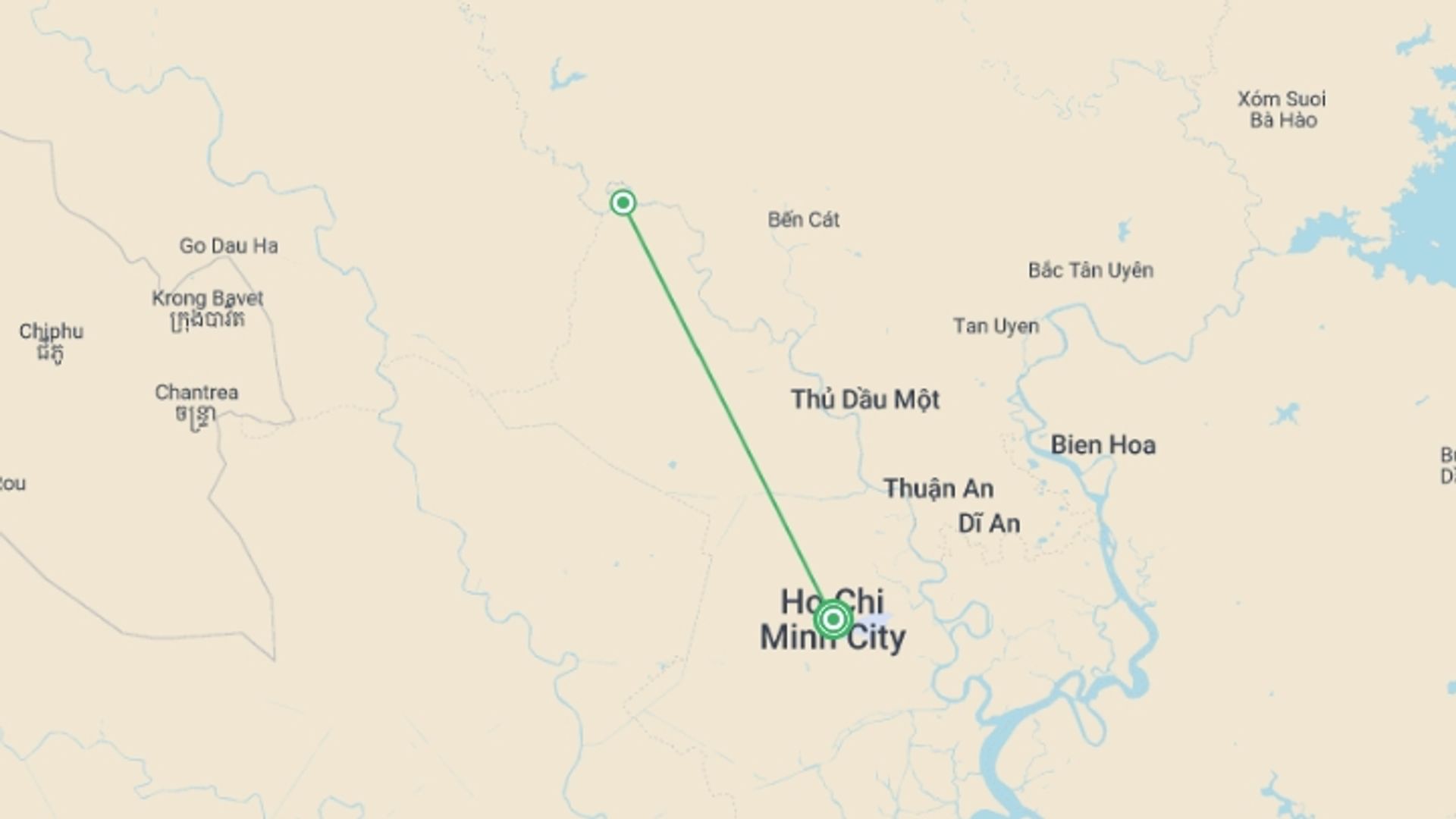 A map showing the tour itinerary for the trip: Ho Chi Minh City Stay - 4 days, starting in Ho Chi Minh City, Vietnam and ending in Ho Chi Minh City, Vietnam going through 0 other destinations.