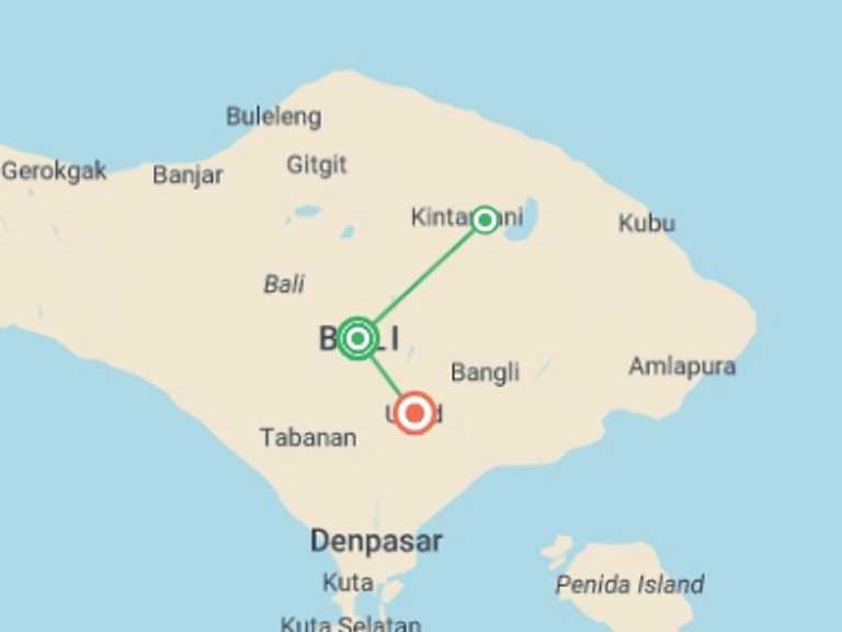 Map of Indonesia Tour with 2 destination visits for the trip: Magic of Bali And Ubud