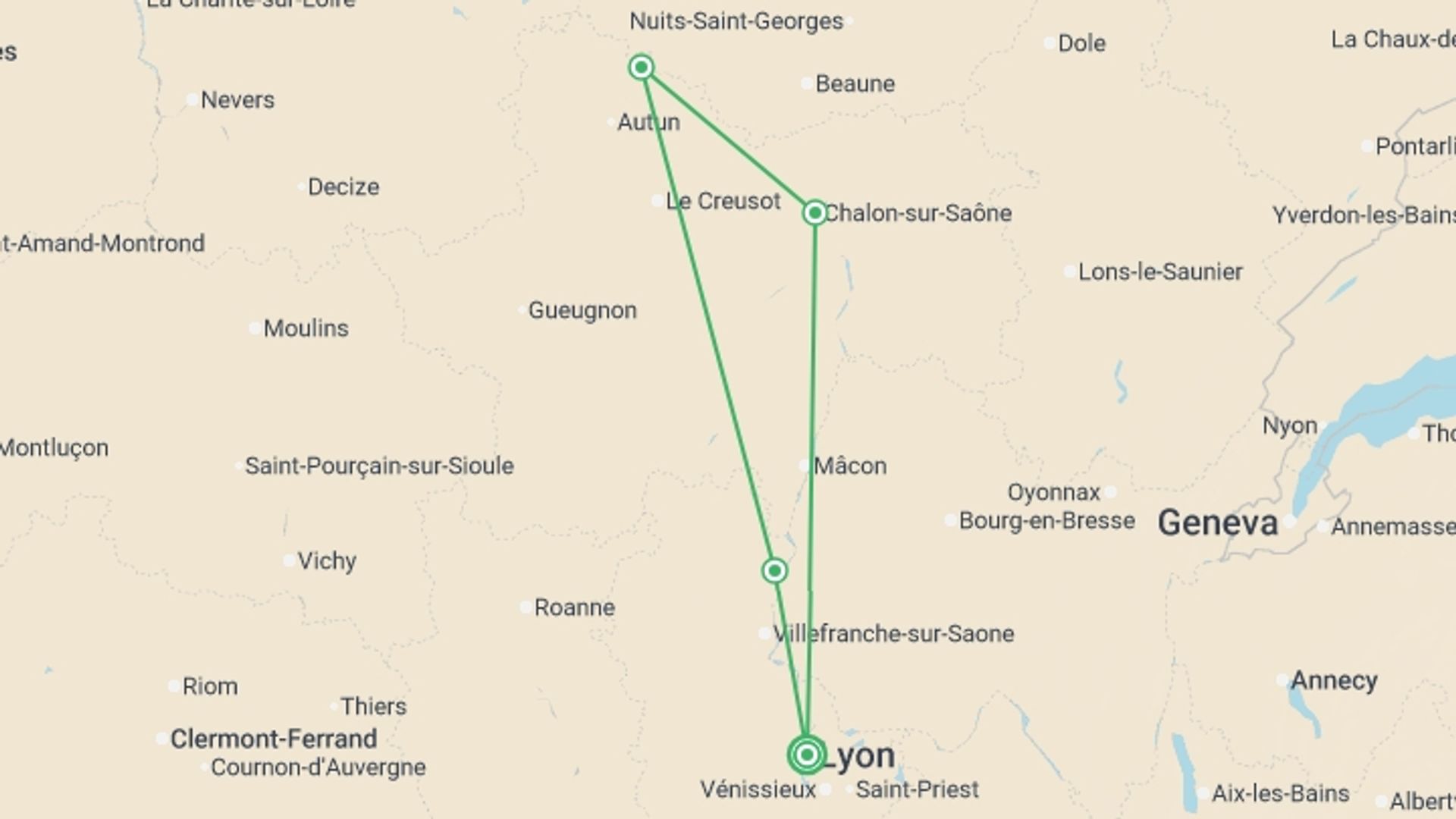 A map showing the tour itinerary for the trip: Exceptional Wine Tasting Cruise in Burgundy: Beaujolais Nouveau (port-to-port cruise), starting in Lyon, France and ending in Lyon, France going through 4 other destinations.