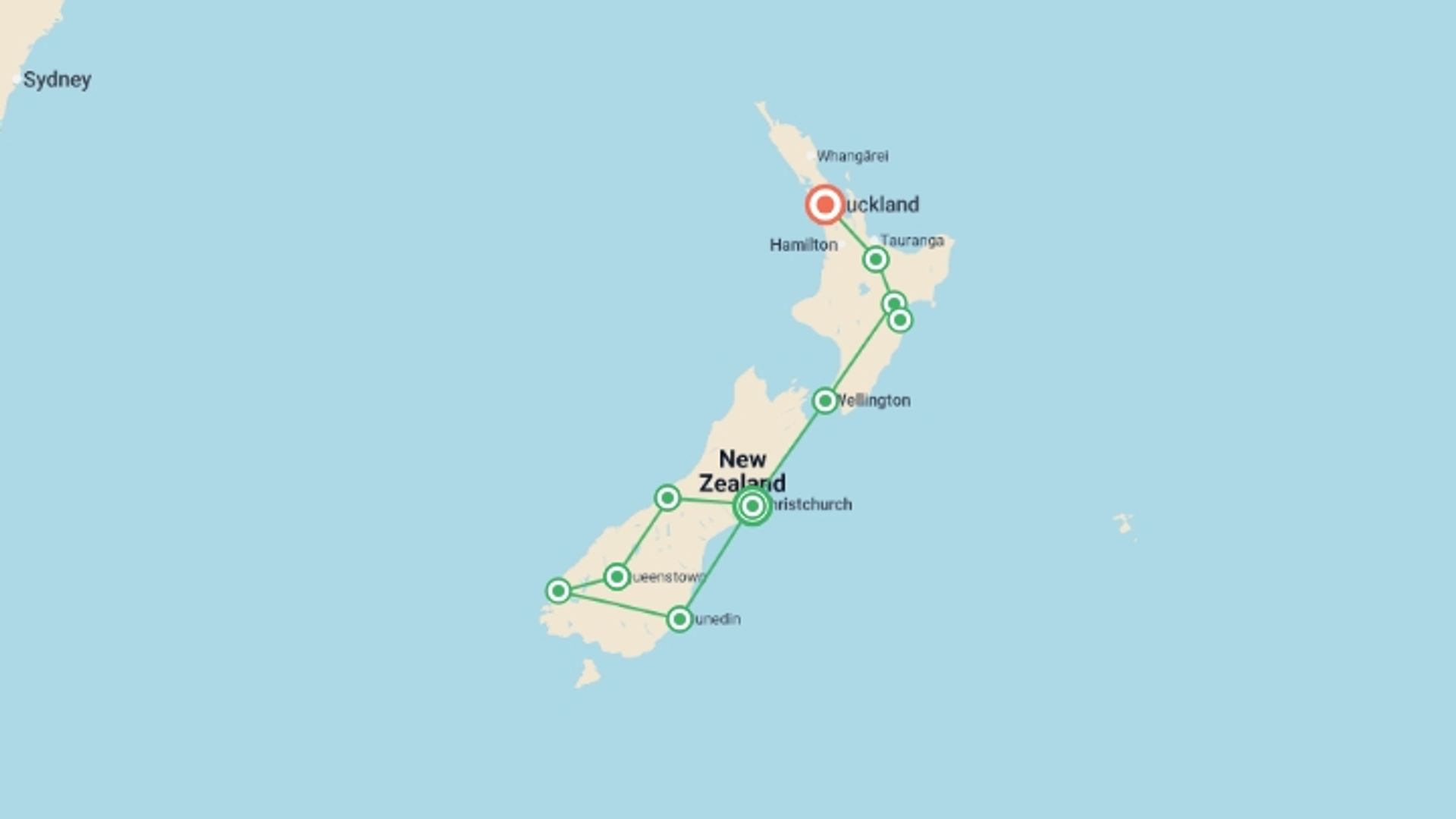 A map showing the tour itinerary for the trip: The Long White Cloud, starting in Christchurch, New Zealand and ending in Auckland, New Zealand going through 8 other destinations.