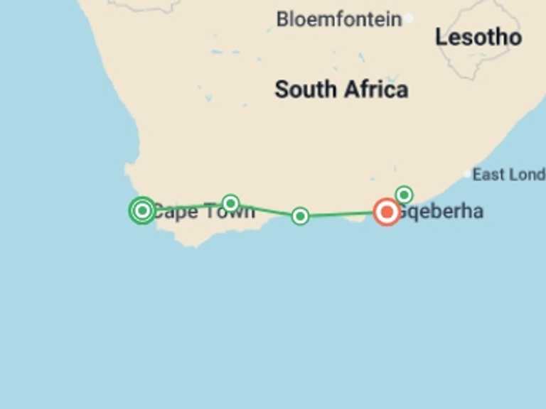 Map itinerary of Port Elizabeth Tour in September 2025 with 5 destination visits for the trip: Garden Route & Safari Self Drive - 10 days