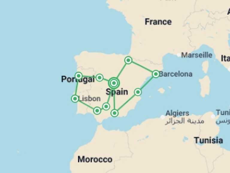 Map itinerary of Europe Tour in June 2026 with 10 destination visits for the trip: Best of Spain and Portugal