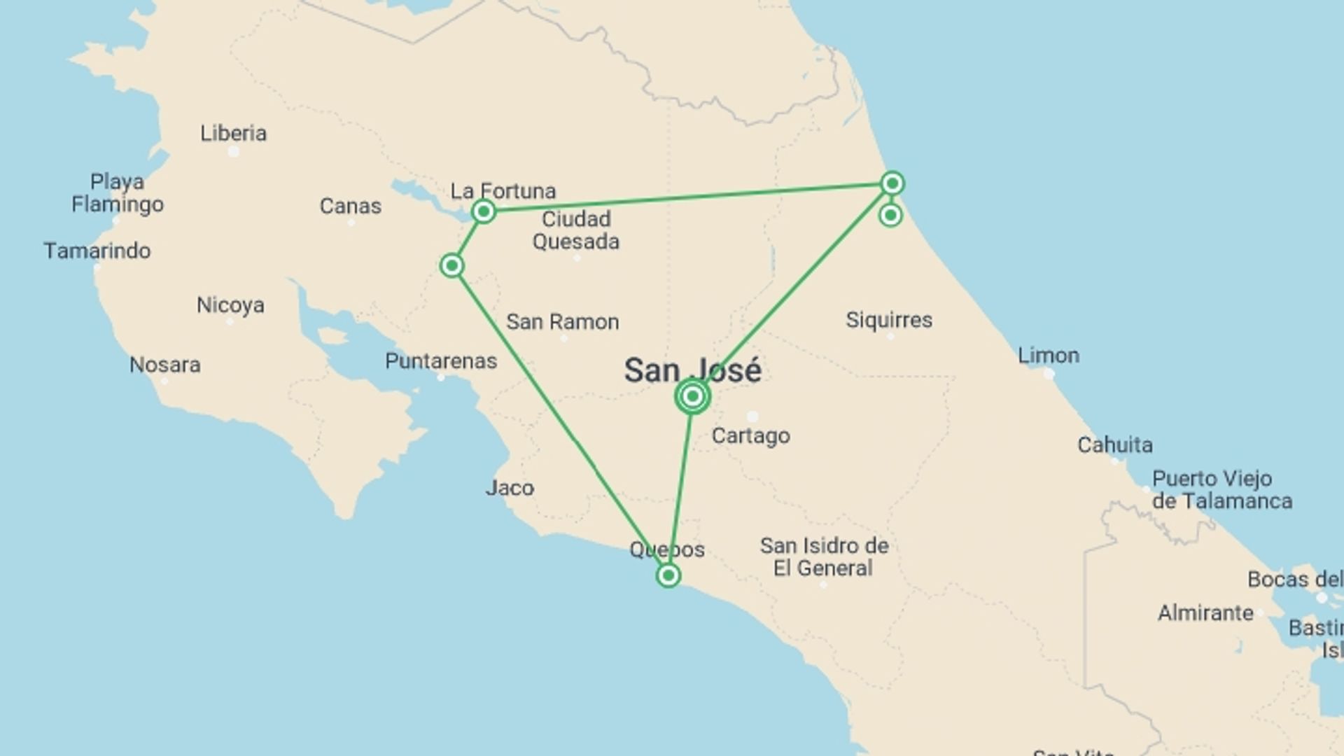 A map showing the tour itinerary for the trip: Essential Costa Rica With Extension To Manuel Antonio National Park, Manuel Antonio Beach & San Jose City, starting in San Jose, Costa Rica and ending in San Jose, Costa Rica going through 7 other destinations.
