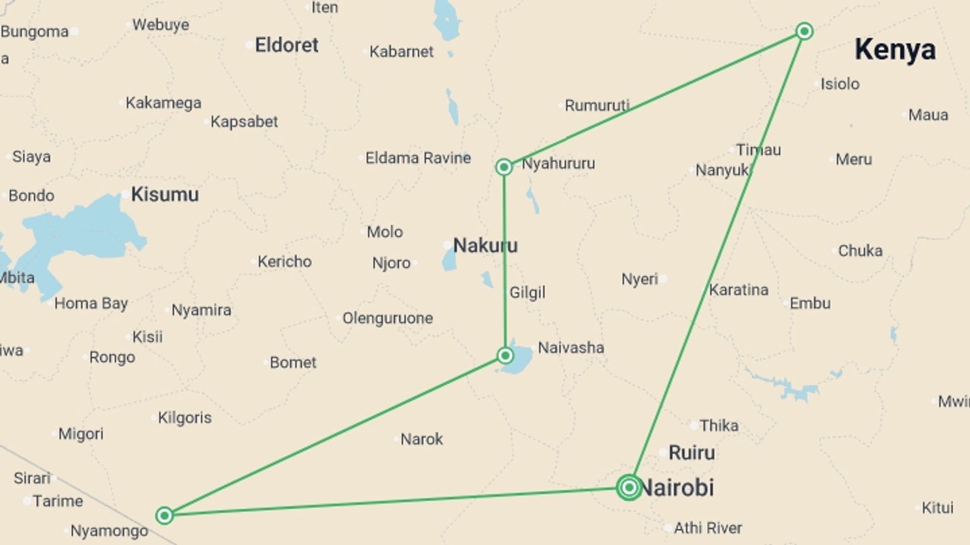 A map showing the tour itinerary for the trip: Scenic Kenya Safari, starting in Nairobi, Kenya and ending in Nairobi, Kenya going through 4 other destinations.