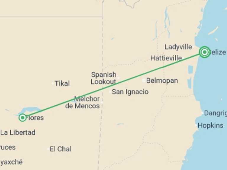 Map of 4-Day North America Tour with 2 destination visits for the trip: Tikal Guatemala And Belize Short Break