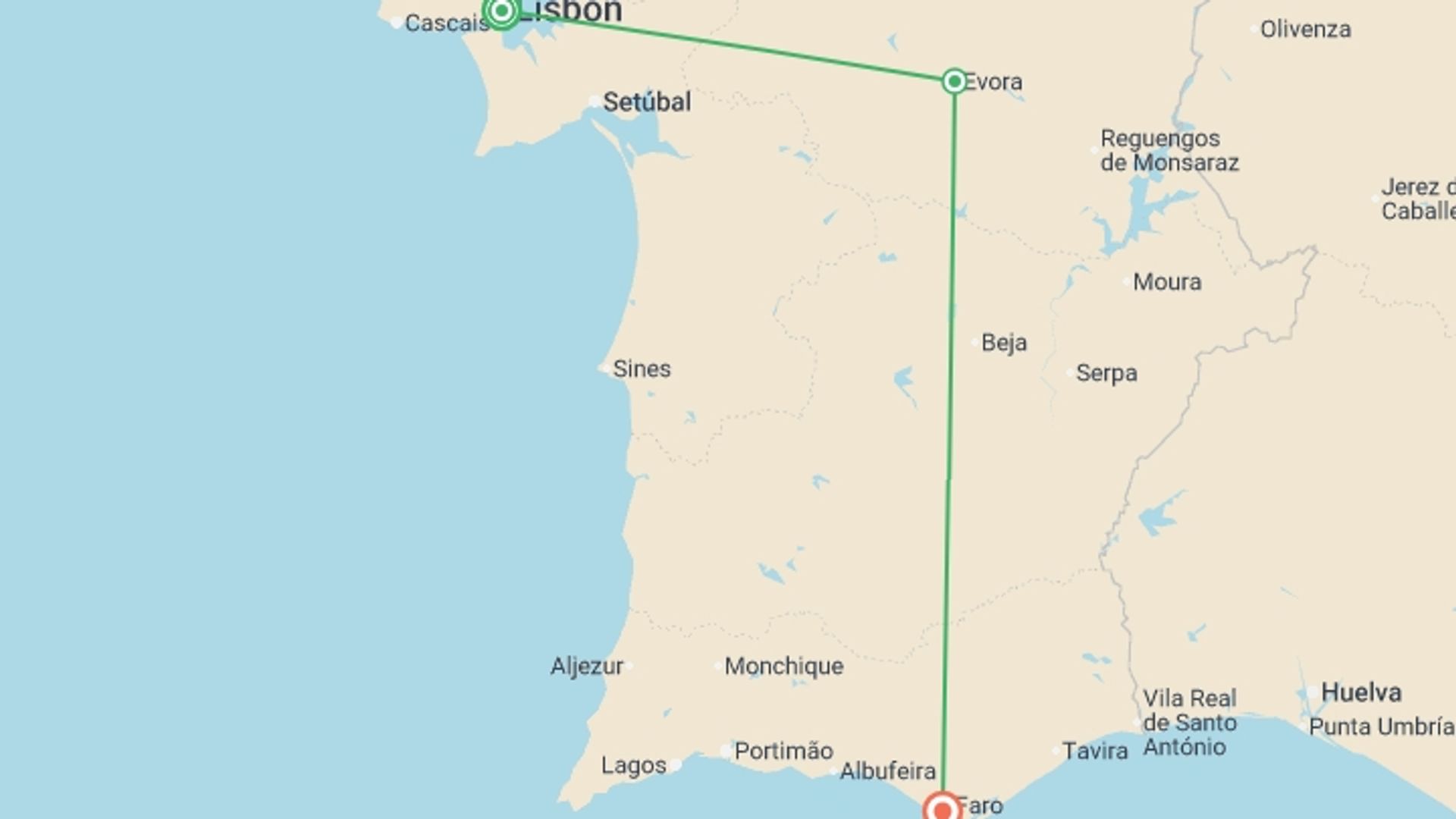 A map showing the tour itinerary for the trip: Family Journey Portugal: Lisbon to the Algarve, starting in Lisbon, Portugal and ending in Algarve, Portugal going through 1 other destinations.