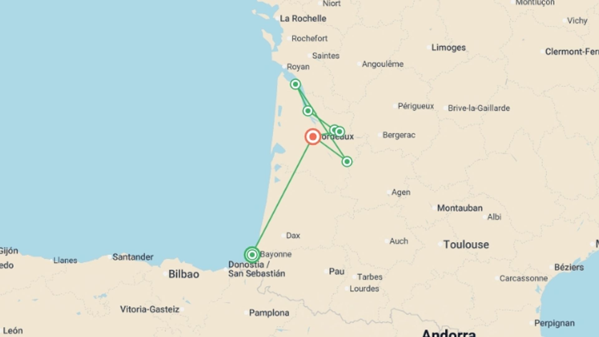 A map showing the tour itinerary for the trip: From the French Basque Country to Bordeaux - Fine French cuisine at the foot of the Pyrenees and a cruise to discover Bordeaux and its outlying areas (port-to-port cruise), starting in Nouvelle-Aquitaine, France and ending in Bordeaux, France going through 4 other destinations.