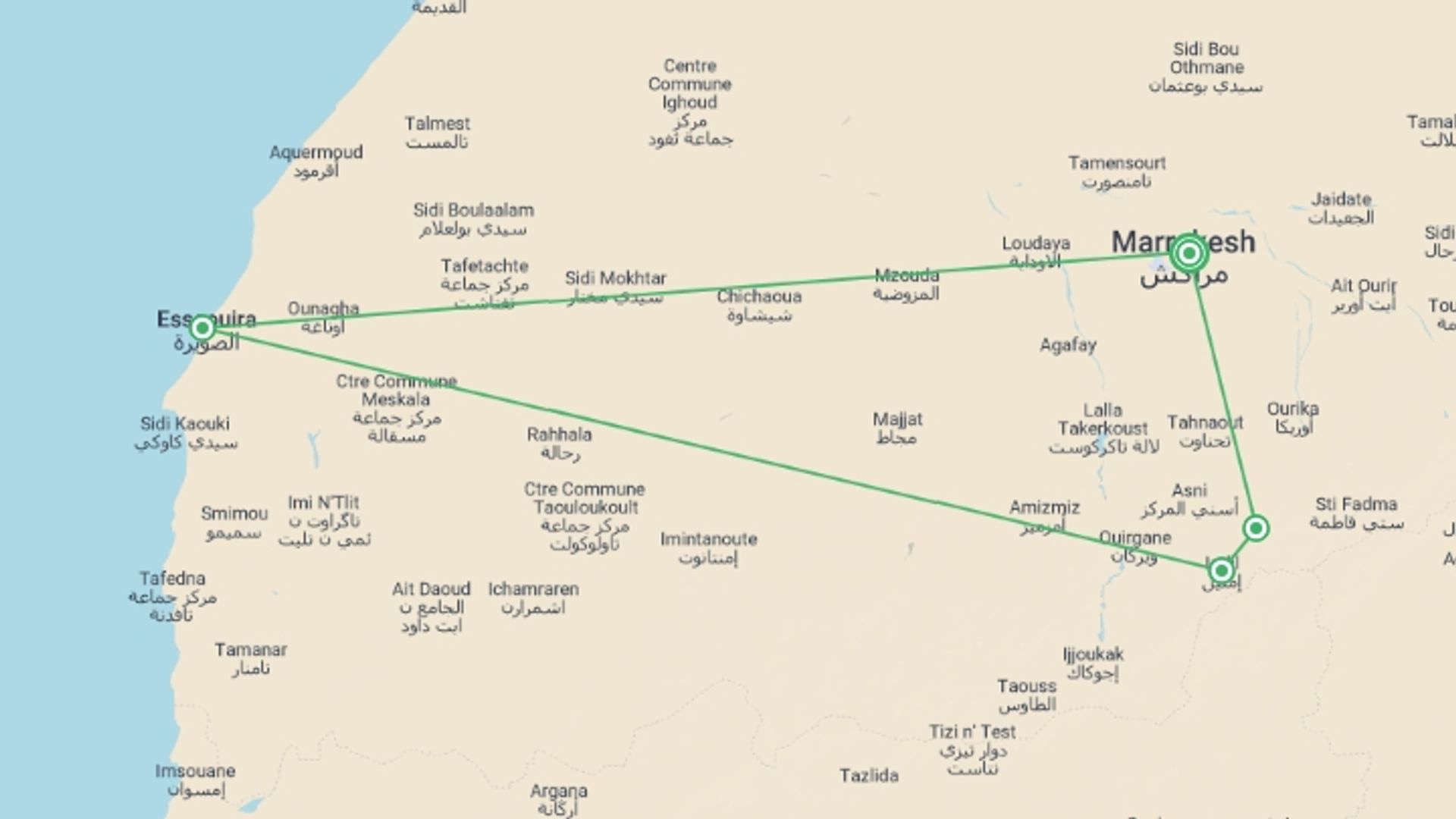 A map showing the tour itinerary for the trip: Premium Hiking and Trekking in Morocco, starting in Marrakech, Morocco and ending in Marrakech, Morocco going through 3 other destinations.