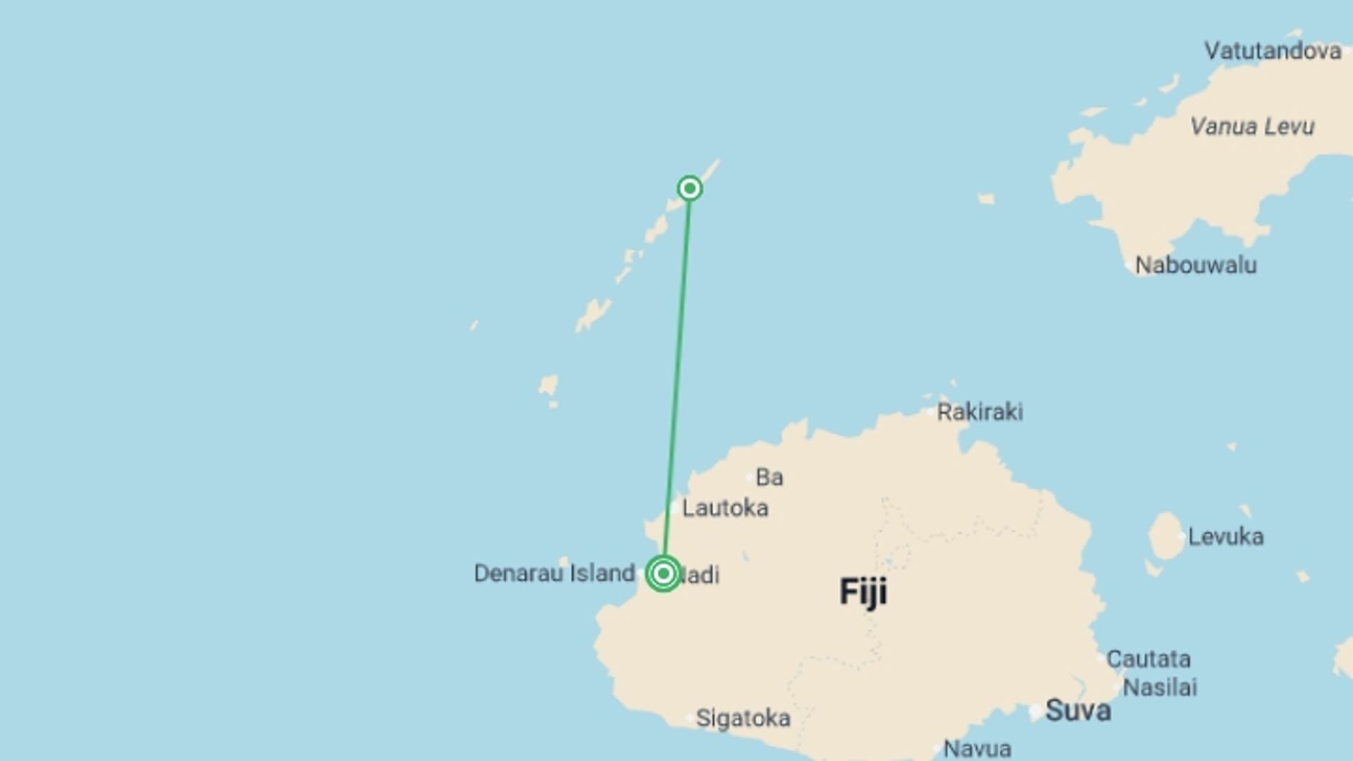 A map showing the tour itinerary for the trip: Fiji Island Hopping Adventure 9D/8N, starting in Nadi, Fiji and ending in Nadi, Fiji going through 1 other destinations.