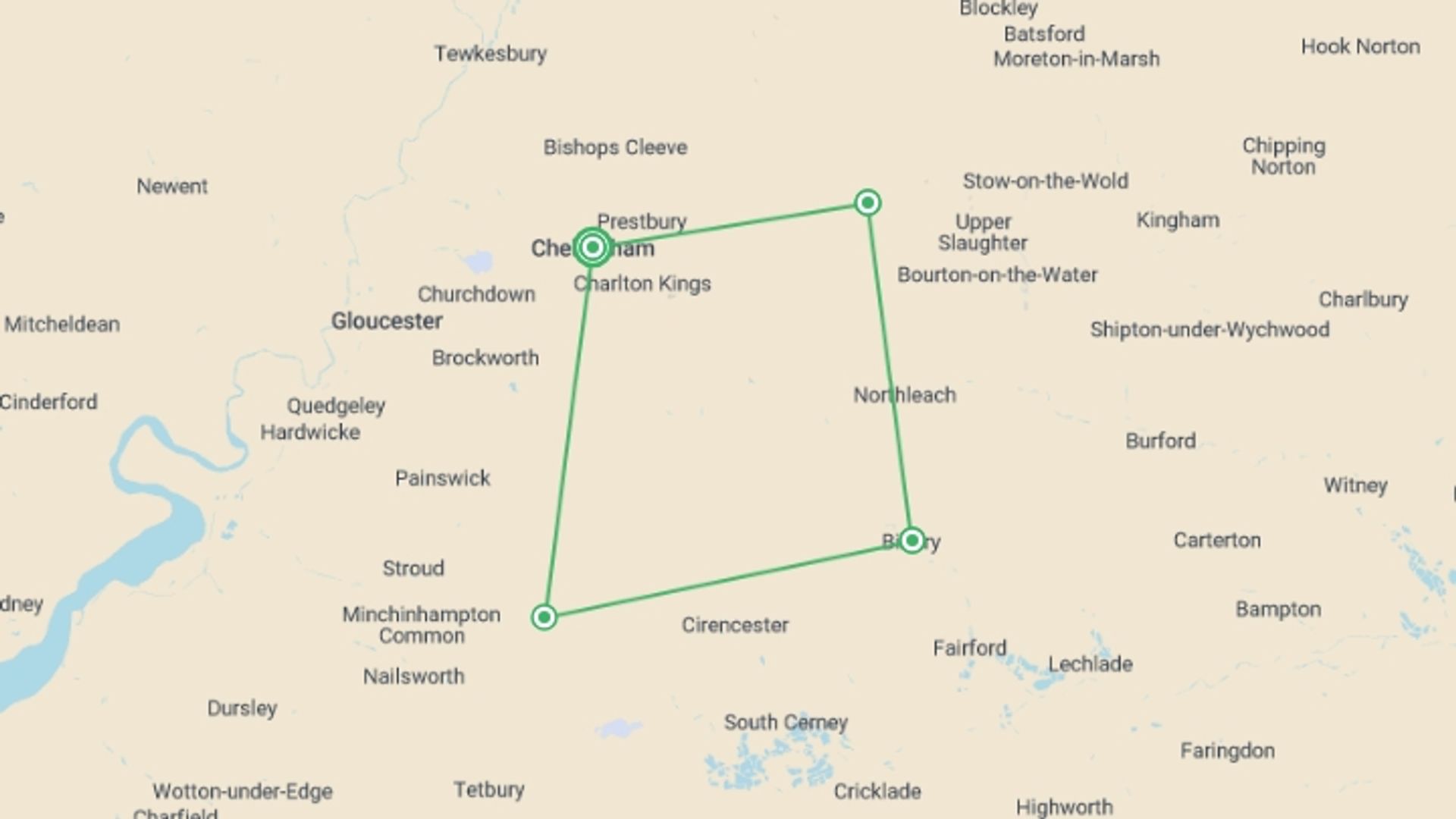 A map showing the tour itinerary for the trip: Cotswolds by Bike, starting in Cheltenham, England and ending in Cheltenham, England going through 3 other destinations.