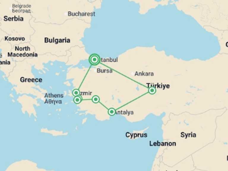 Map itinerary of Antalya Tour in November 2026 with 4 destination visits for the trip: Istanbul to Cappadocia & Ephesus (4 Star) - 10 days