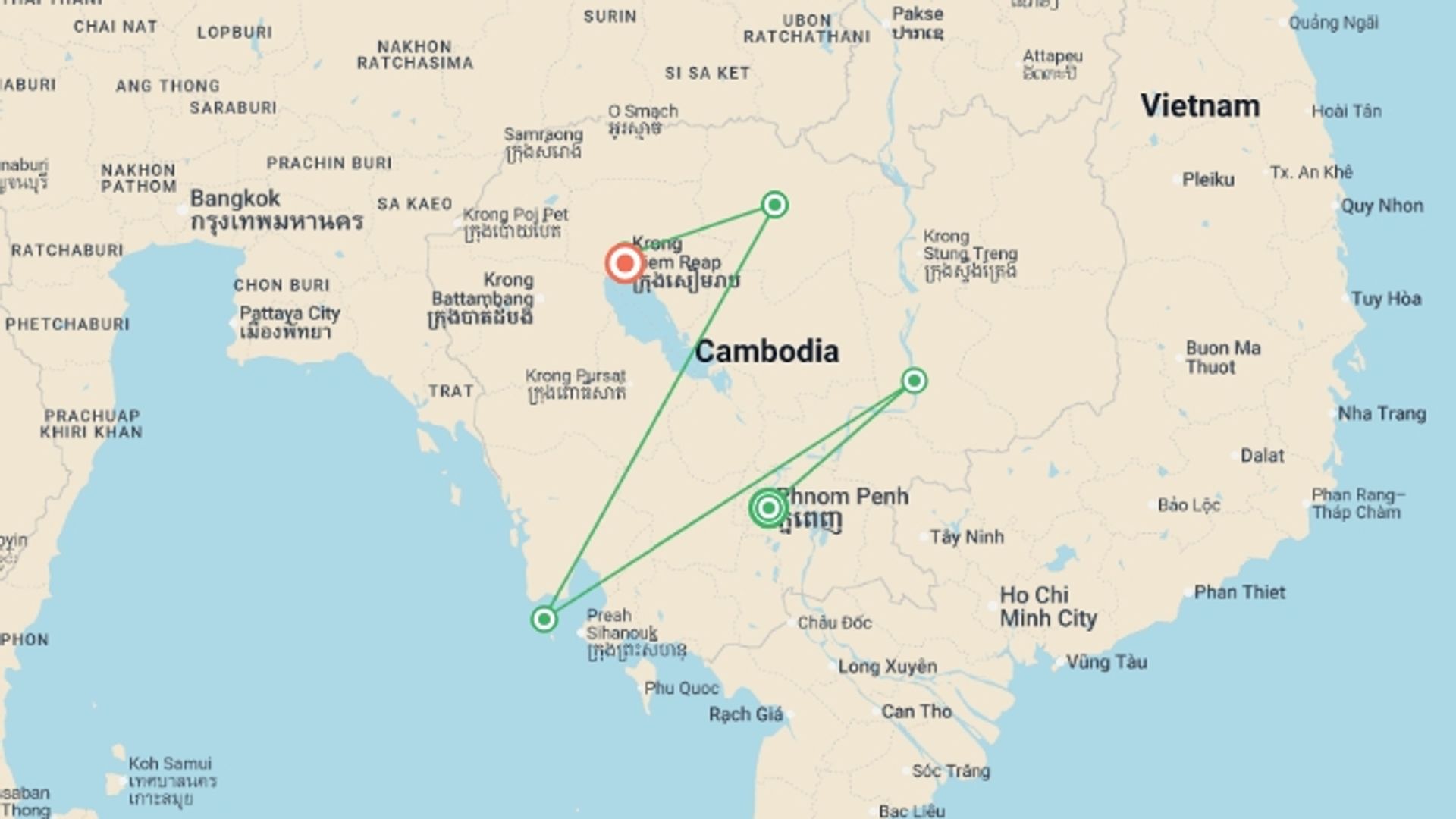 A map showing the tour itinerary for the trip: Hike From Phnom Penh to Siem Reap - 10 days, starting in Phnom Penh, Cambodia and ending in Siem Reap, Cambodia going through 4 other destinations.