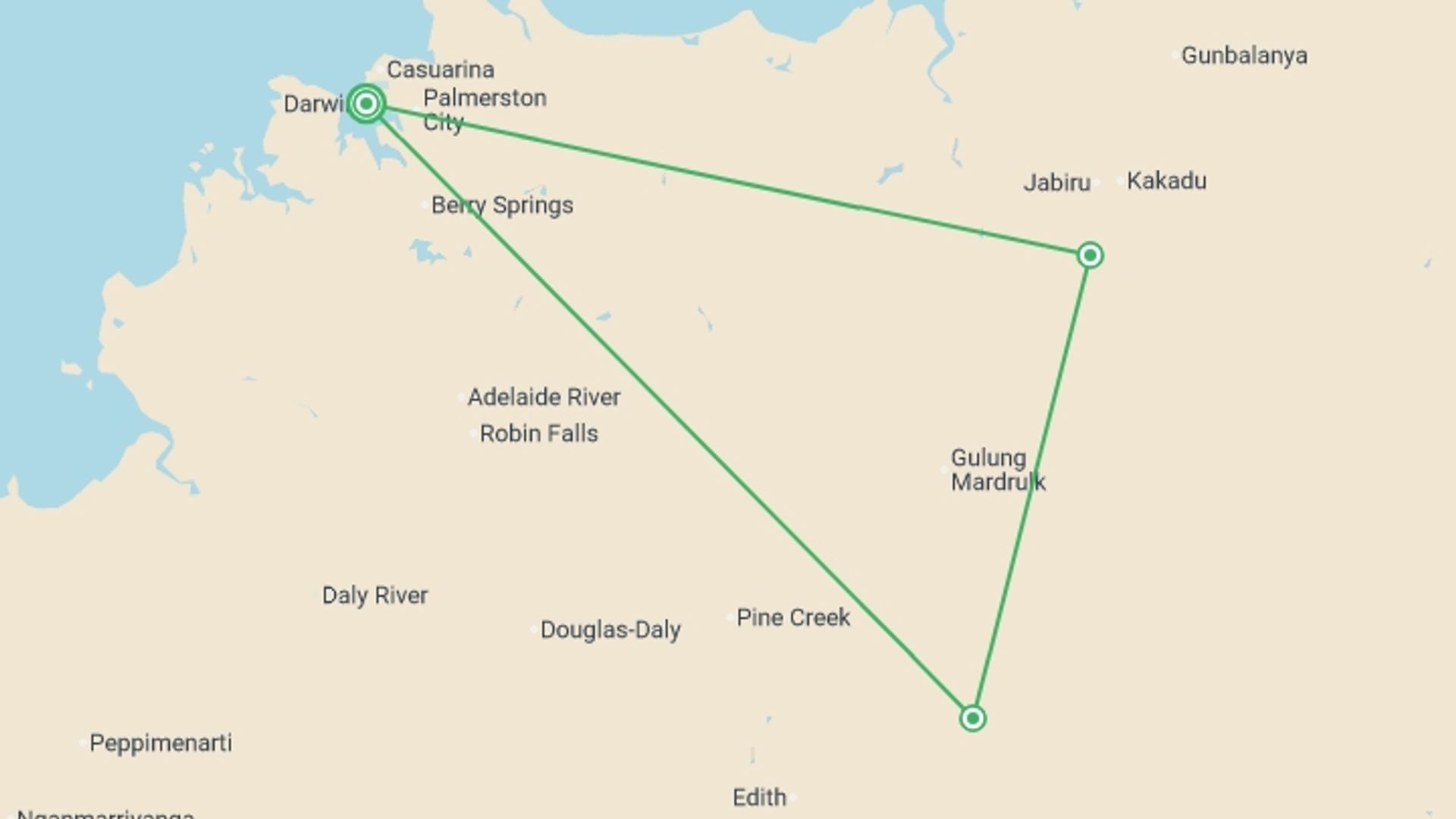 A map showing the tour itinerary for the trip: Northern Territory Top End National Parks, starting in Darwin, Australia and ending in Darwin, Australia going through 2 other destinations.