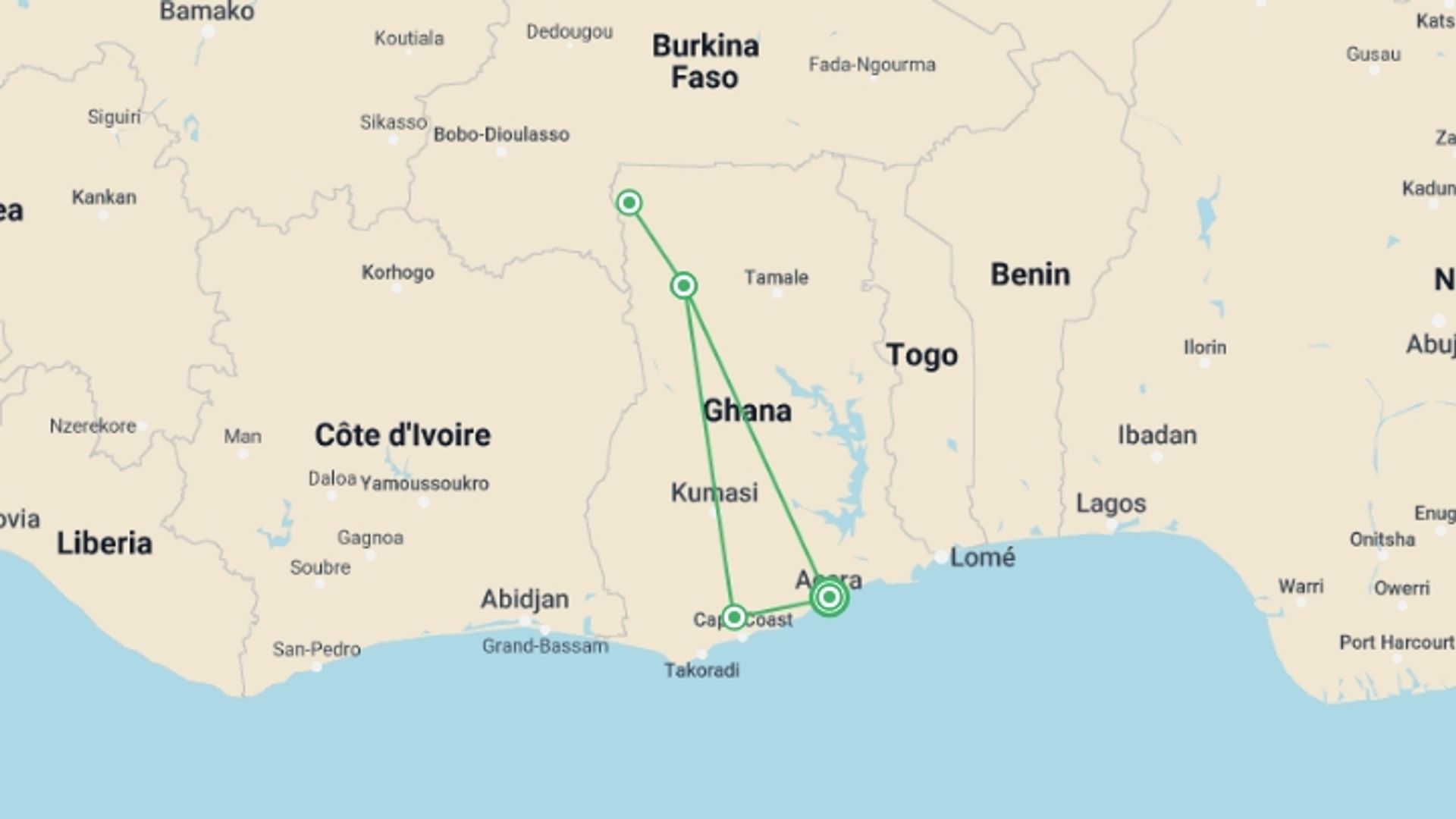 A map showing the tour itinerary for the trip: 7 days Ghana Safari Tour, starting in Accra, Ghana and ending in Accra, Ghana going through 4 other destinations.