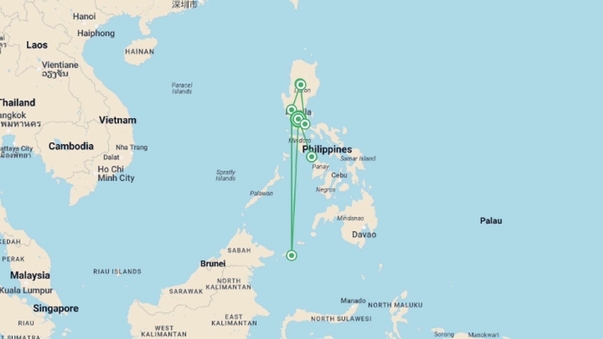 A map showing the tour itinerary for the trip: 10-Day Philippines Northern Charms & Beach Bliss, starting in Manila, Philippines and ending in Manila, Philippines going through 6 other destinations.