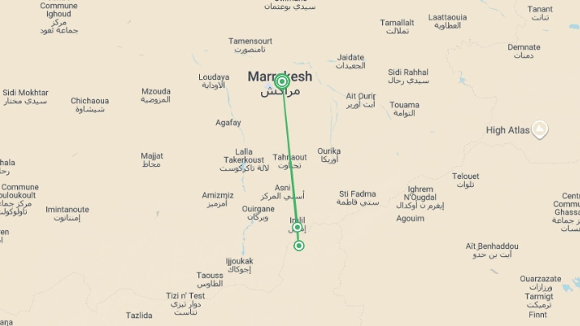A map showing the tour itinerary for the trip: Mount Toubkal Trek, starting in Marrakech, Morocco and ending in Marrakech, Morocco going through 2 other destinations.
