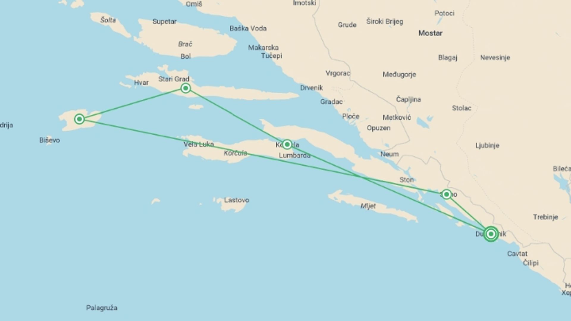 A map showing the tour itinerary for the trip: Premium Wine Cruise from Dubrovnik, starting in Dubrovnik, Croatia and ending in slano, slano going through 4 other destinations.