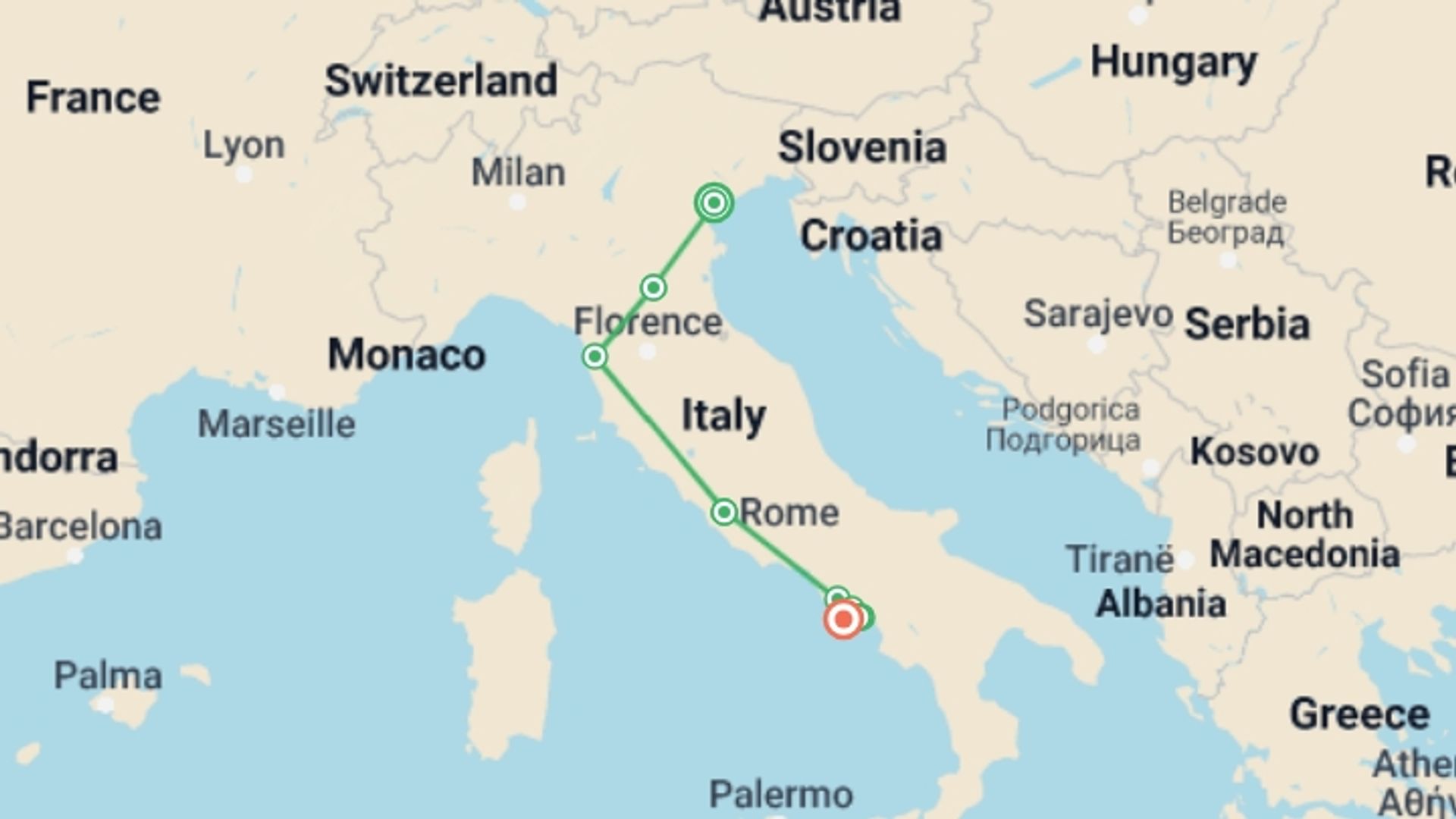 A map showing the tour itinerary for the trip: Venice to Rome by Rail + Sorrento and the Amalfi Coast, starting in Venice, Italy and ending in Sorrento, Italy going through 6 other destinations.