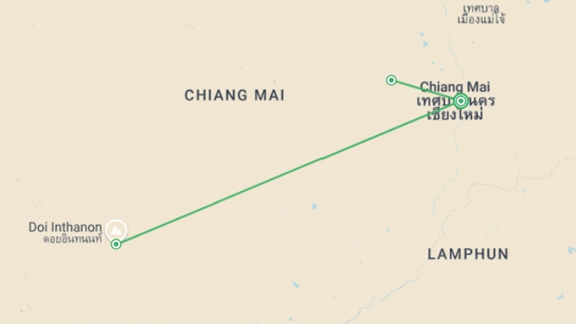 A map showing the tour itinerary for the trip: Road Escape: Chiang Mai, starting in Chiang Mai, Thailand and ending in Chiang Mai, Thailand going through 2 other destinations.