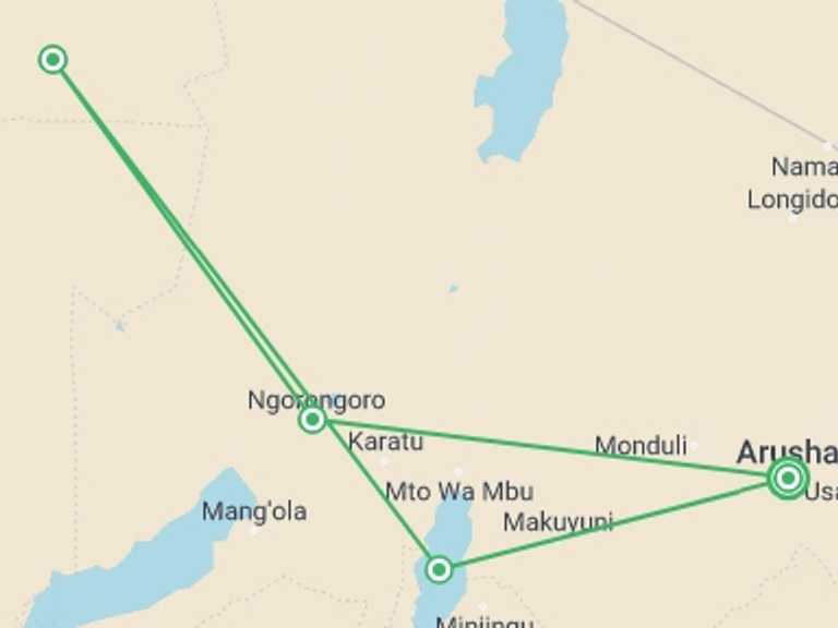 Map of 7-Day Ngorongoro Crater Tour with 5 destination visits for the trip: Picturesque Solo Tanzania Tour