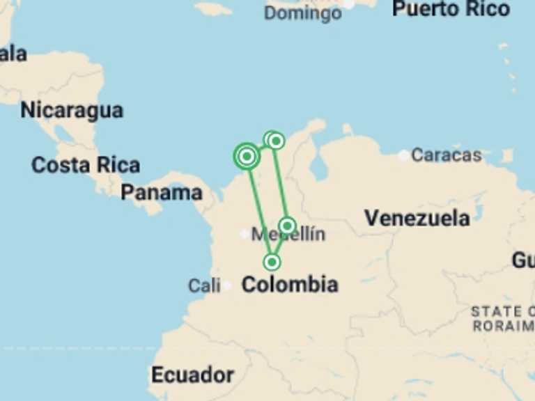 Map of a Sightseeing Tour with 5 destination visits for the trip: Coastal Colombia
