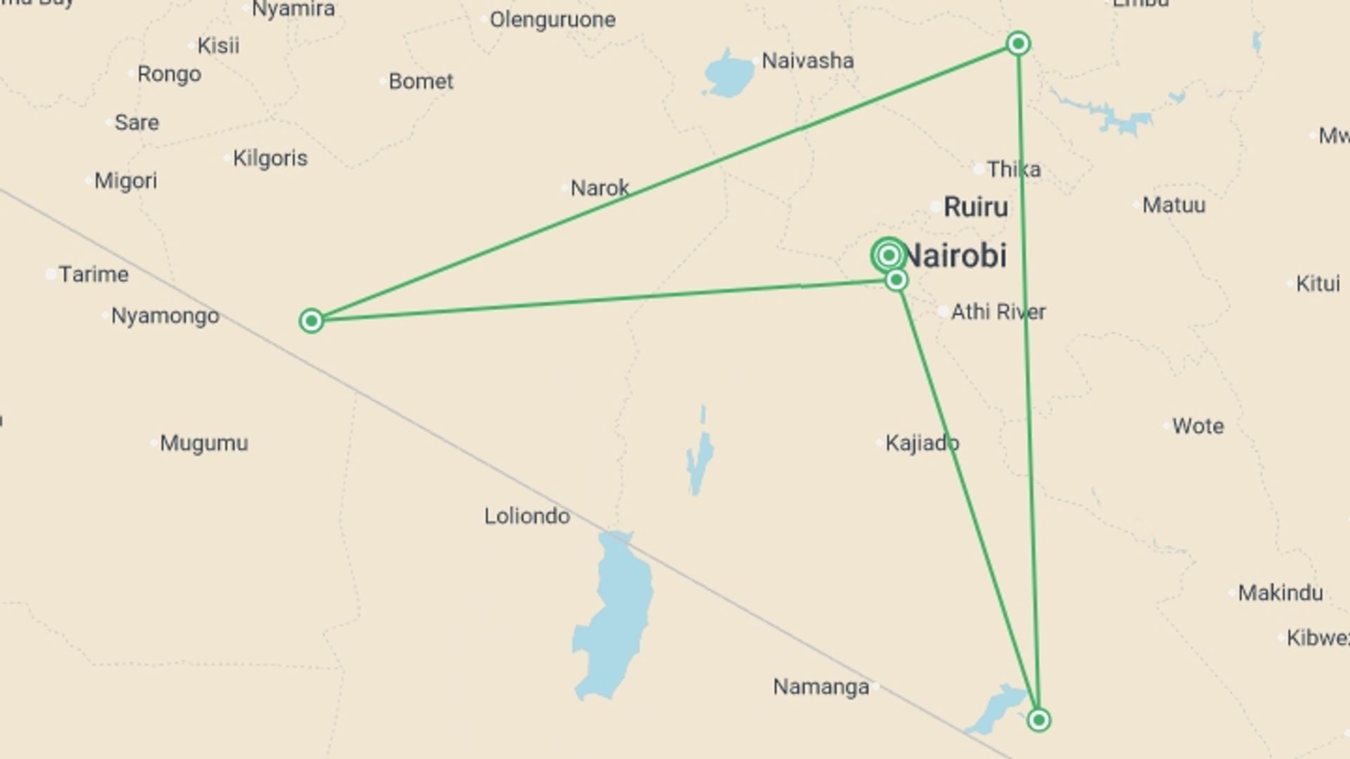 A map showing the tour itinerary for the trip: Kenya Adventure, starting in Nairobi, Kenya and ending in Nairobi, Kenya going through 3 other destinations.