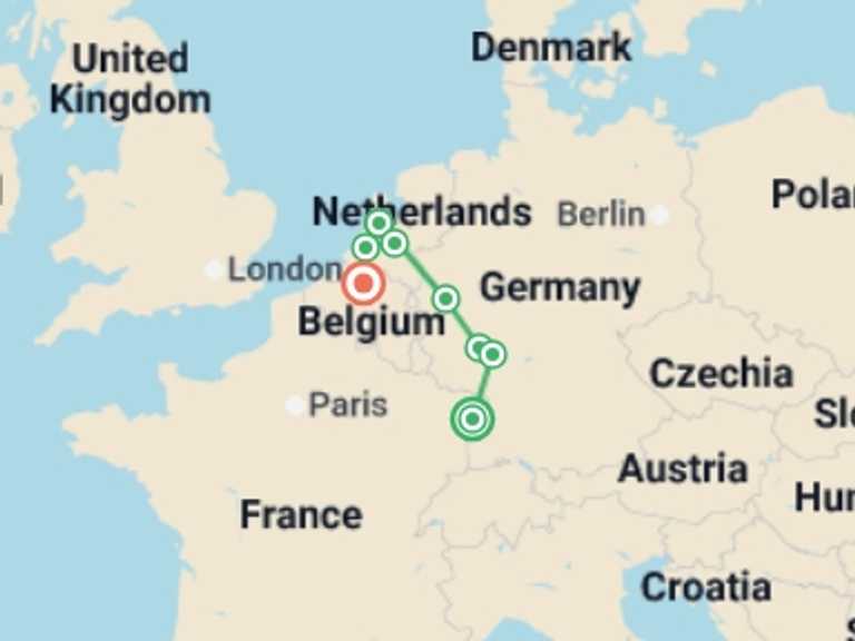 Map of Europe Tour with 7 destination visits for the trip: Cruise along the Rhine from Strasbourg to Antwerp (port-to-port cruise)