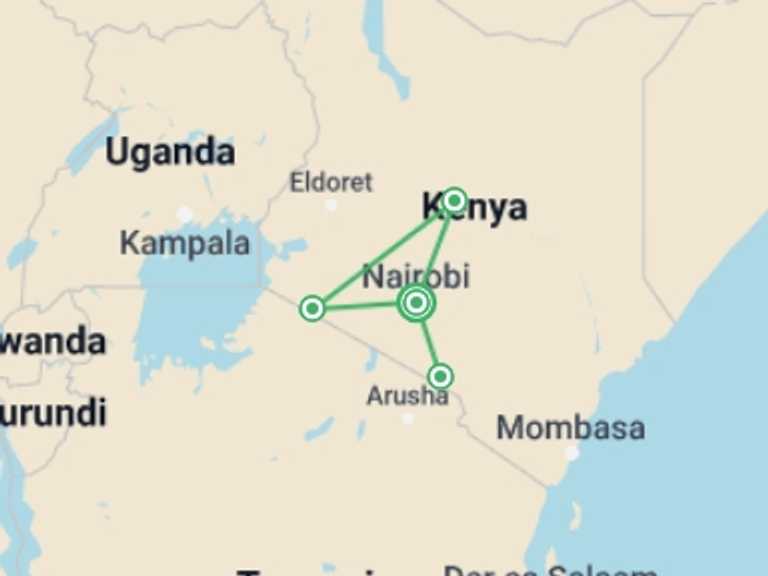 Map of 7-Day Nairobi Tour with 4 destination visits for the trip: 7 Days of Luxurious Air Safari