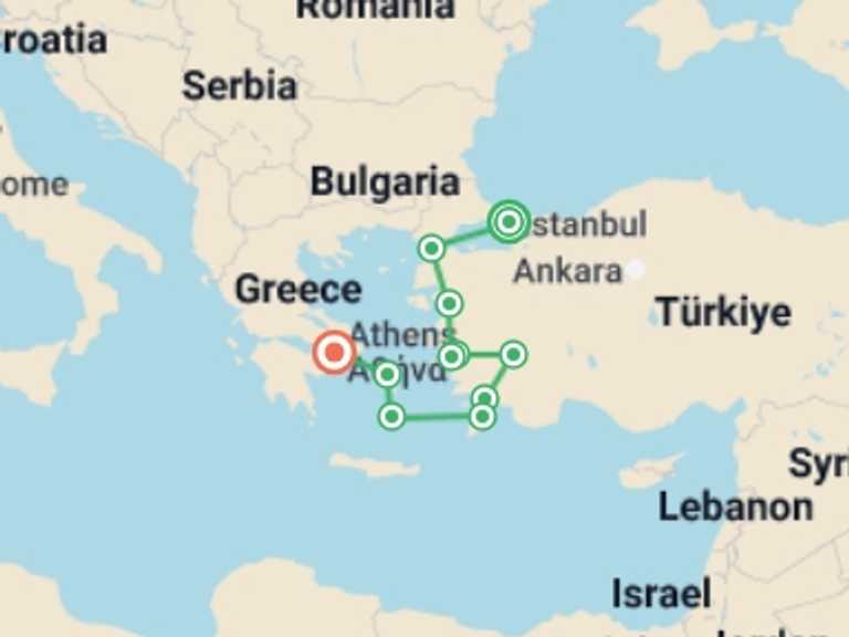 Map of Mediterranean Tour with 9 destination visits for the trip: Istanbul to Athens - 14 days