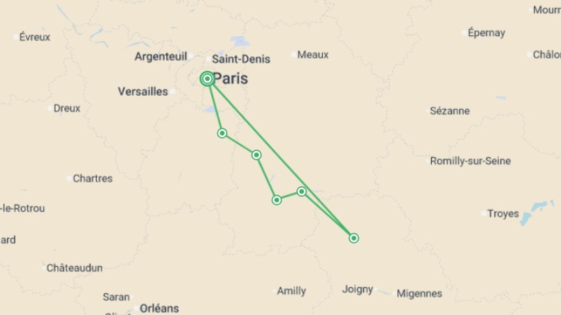 A map showing the tour itinerary for the trip: Revisit France's Past, its Royal Sites, and Medieval Cities during a Historic Cruise on the Petite Seine  (port-to-port cruise), starting in Paris, France and ending in Paris, France going through 6 other destinations.