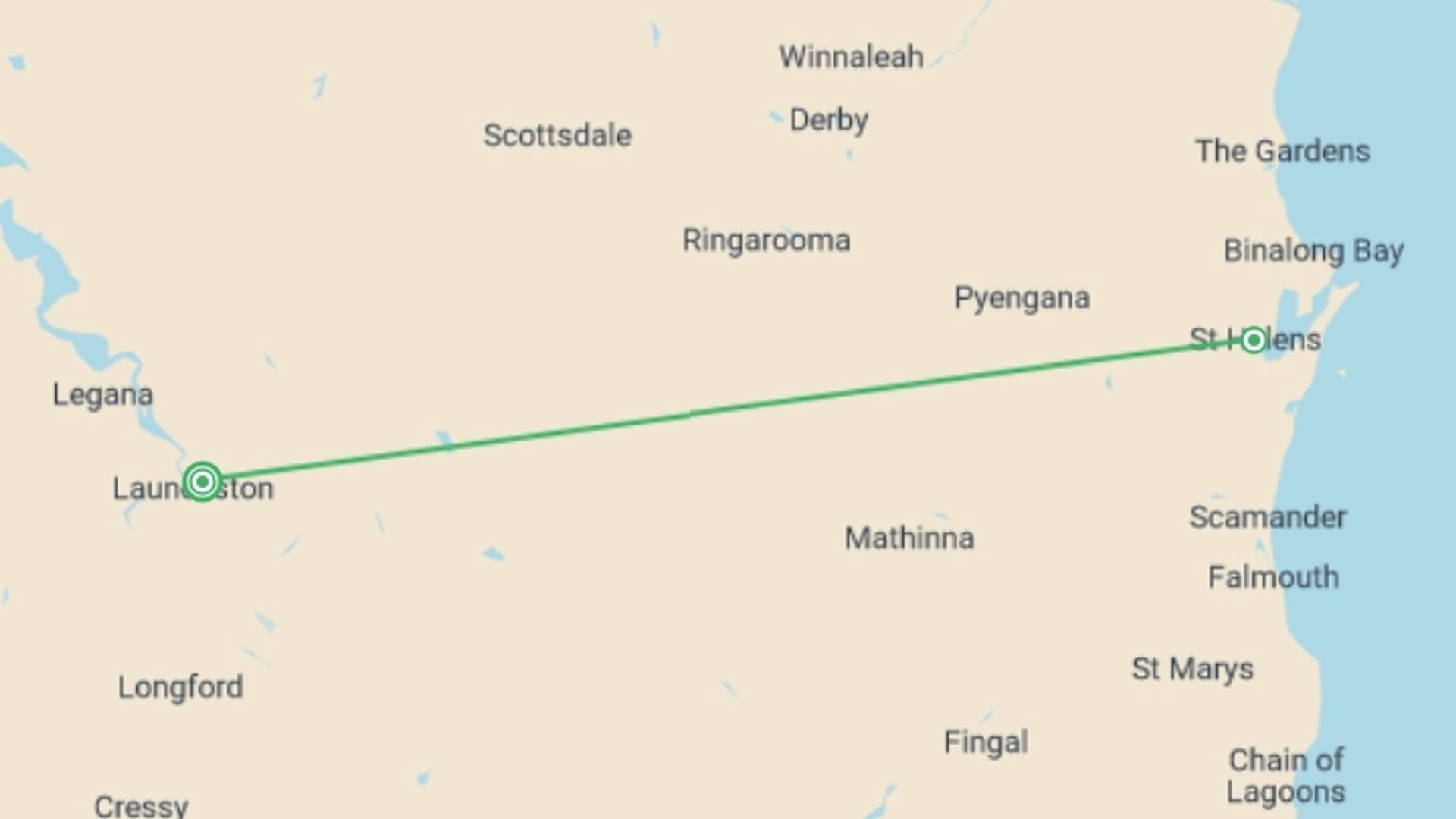 A map showing the tour itinerary for the trip: Walk Tasmania's Bay of Fires, starting in Launceston, Australia and ending in Launceston, Australia going through 1 other destinations.
