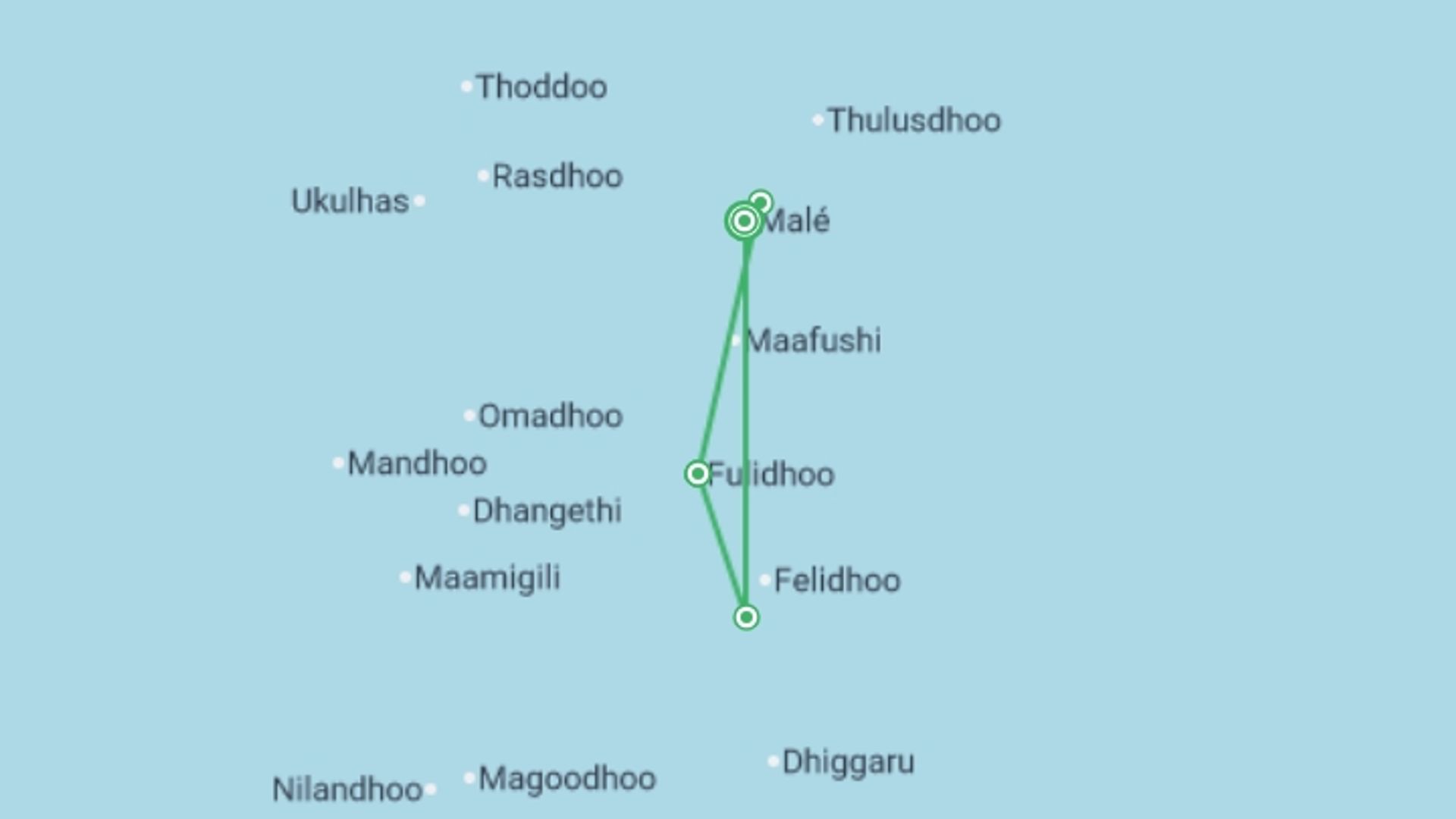 A map showing the tour itinerary for the trip: Maldives Island Escape, starting in Male, Maldives and ending in Male, Maldives going through 3 other destinations.