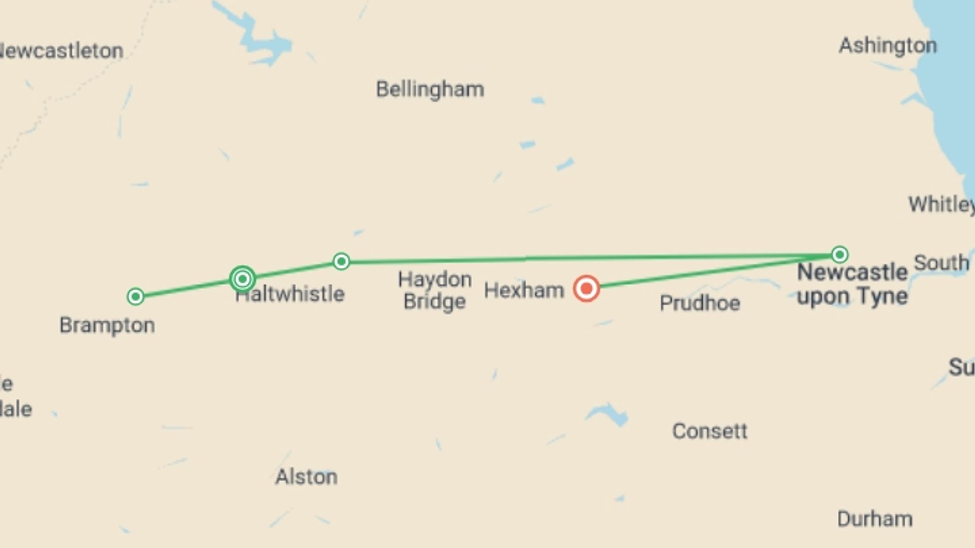 A map showing the tour itinerary for the trip: Walking The Best of Hadrian's Wall, starting in Greenhead, England and ending in Corbridge, England going through 3 other destinations.