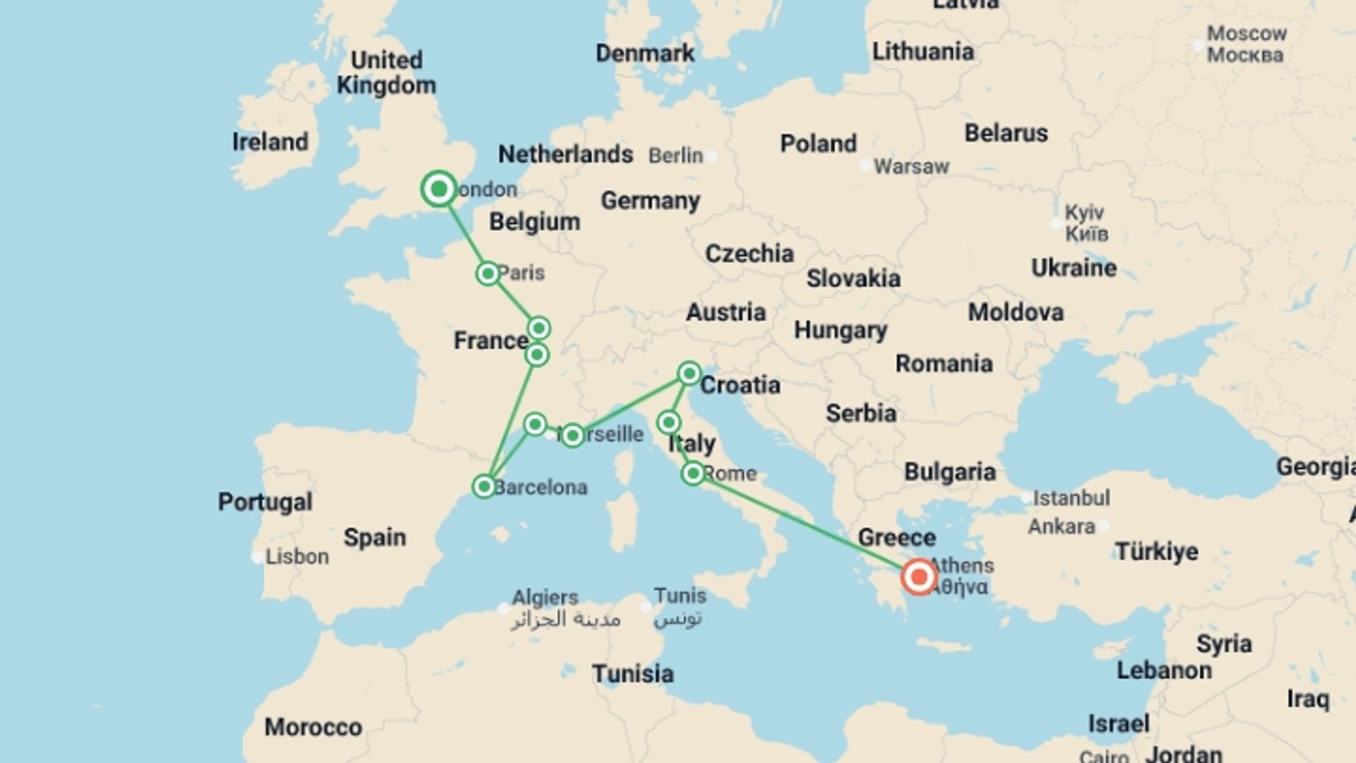 A map showing the tour itinerary for the trip: London to Athens , starting in London, England and ending in Athens, Greece going through 7 other destinations.