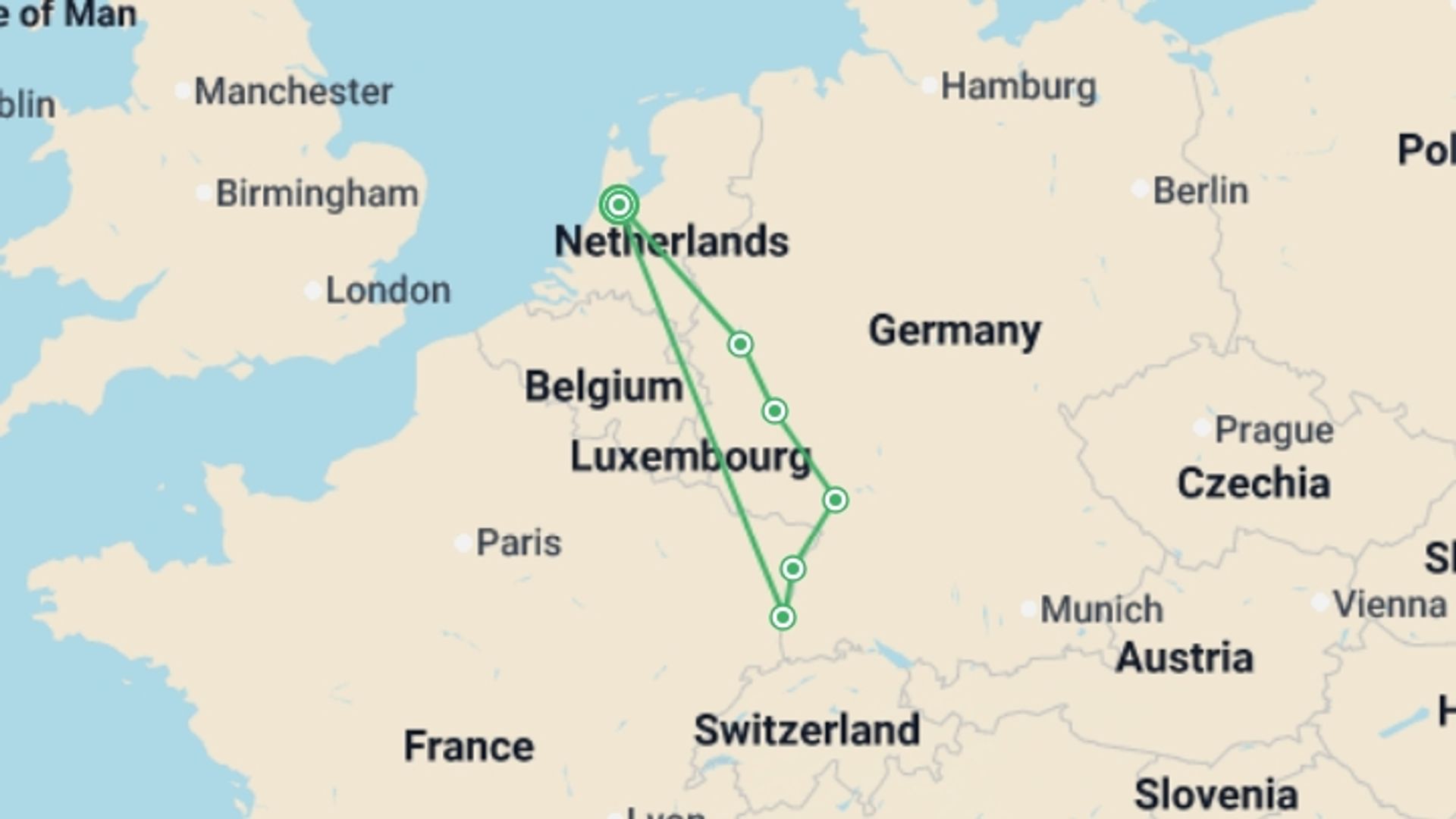 A map showing the tour itinerary for the trip: Magical Rhine & Moselle Rivers, starting in Amsterdam, Holland and ending in Amsterdam, Holland going through 6 other destinations.
