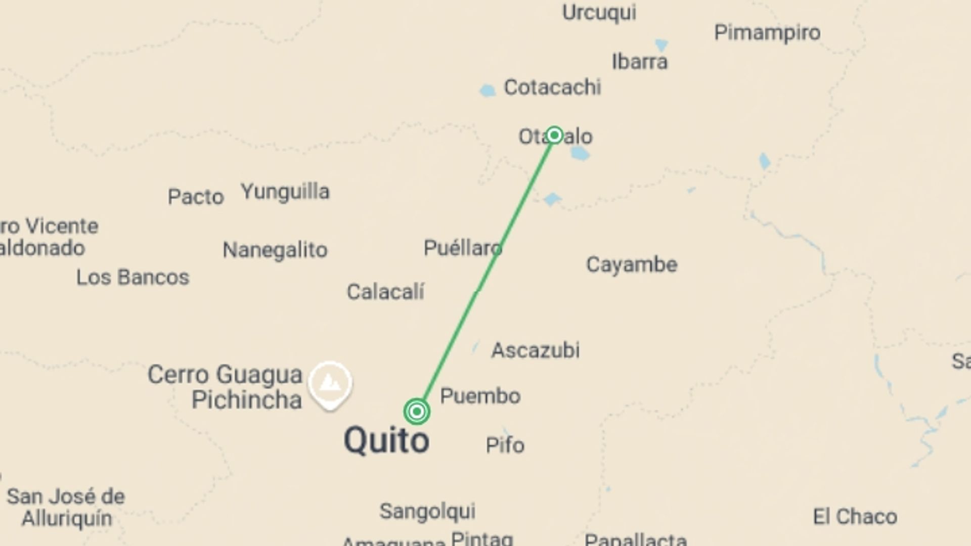 A map showing the tour itinerary for the trip: Otavalo Biking Adventure 3D/2N, starting in Quito, Ecuador and ending in Otavalo, Ecuador going through 0 other destinations.