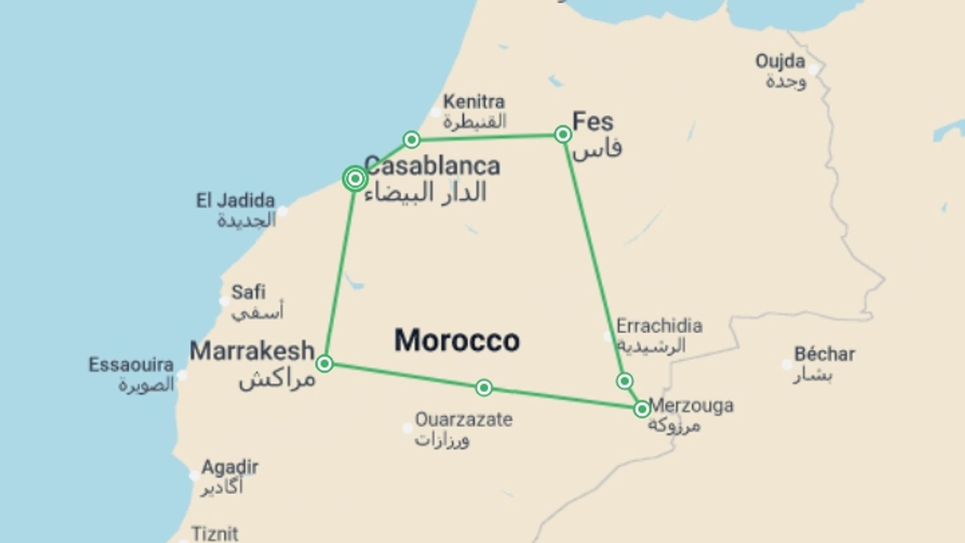 A map showing the tour itinerary for the trip: Colors of Morocco , starting in Casablanca, Morocco and ending in Casablanca, Morocco going through 6 other destinations.