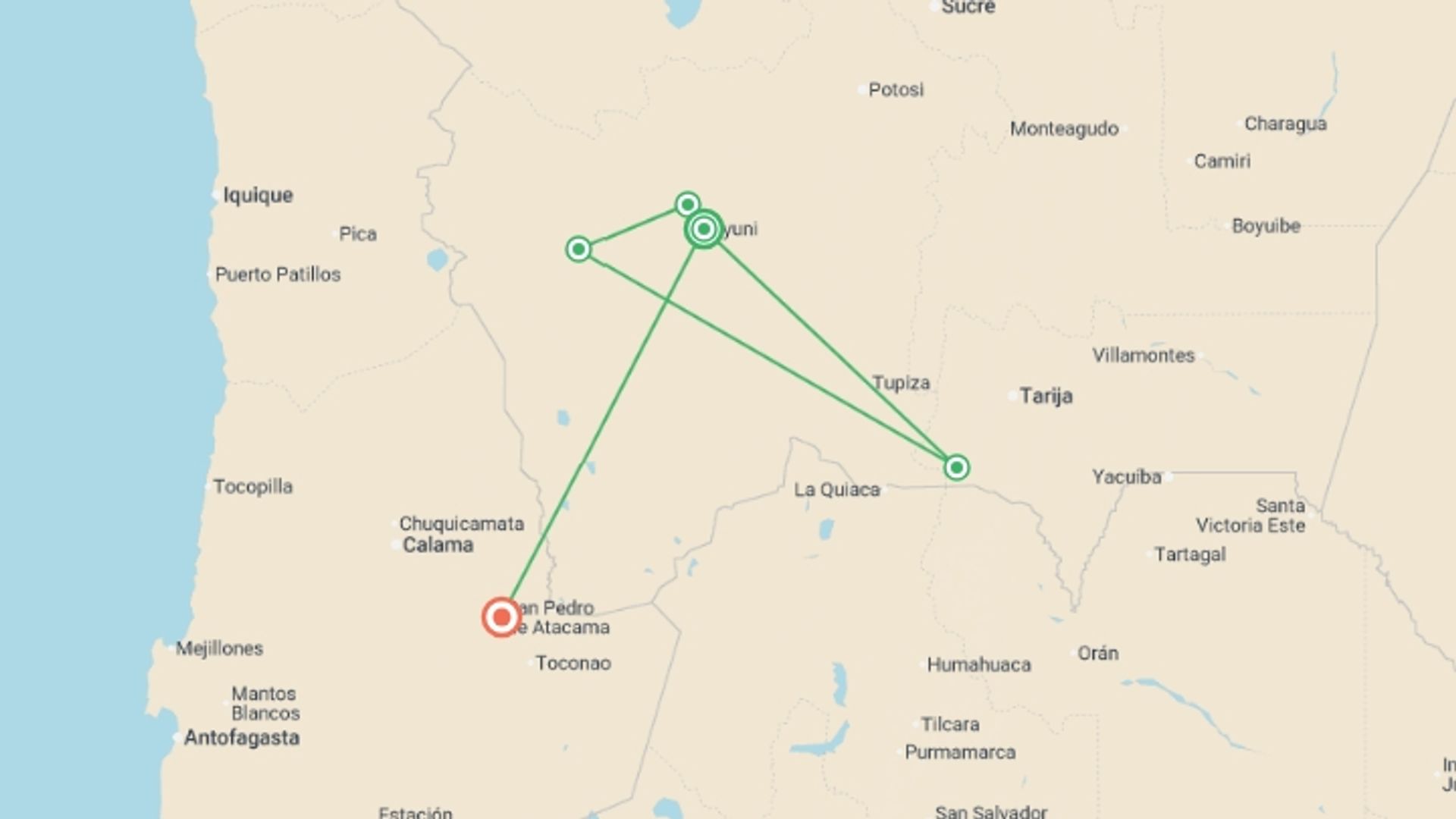 A map showing the tour itinerary for the trip: Uyuni Salt Flats & Desert Adventure 3D/2N (Uyuni to Atacama), starting in Uyuni, Bolivia and ending in San Pedro De Atacama, Chile going through 2 other destinations.