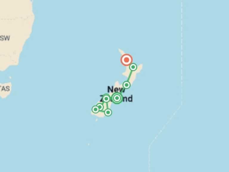 Map of Oceania Tour with 9 destination visits for the trip: Best of New Zealand Explorer - 14 days