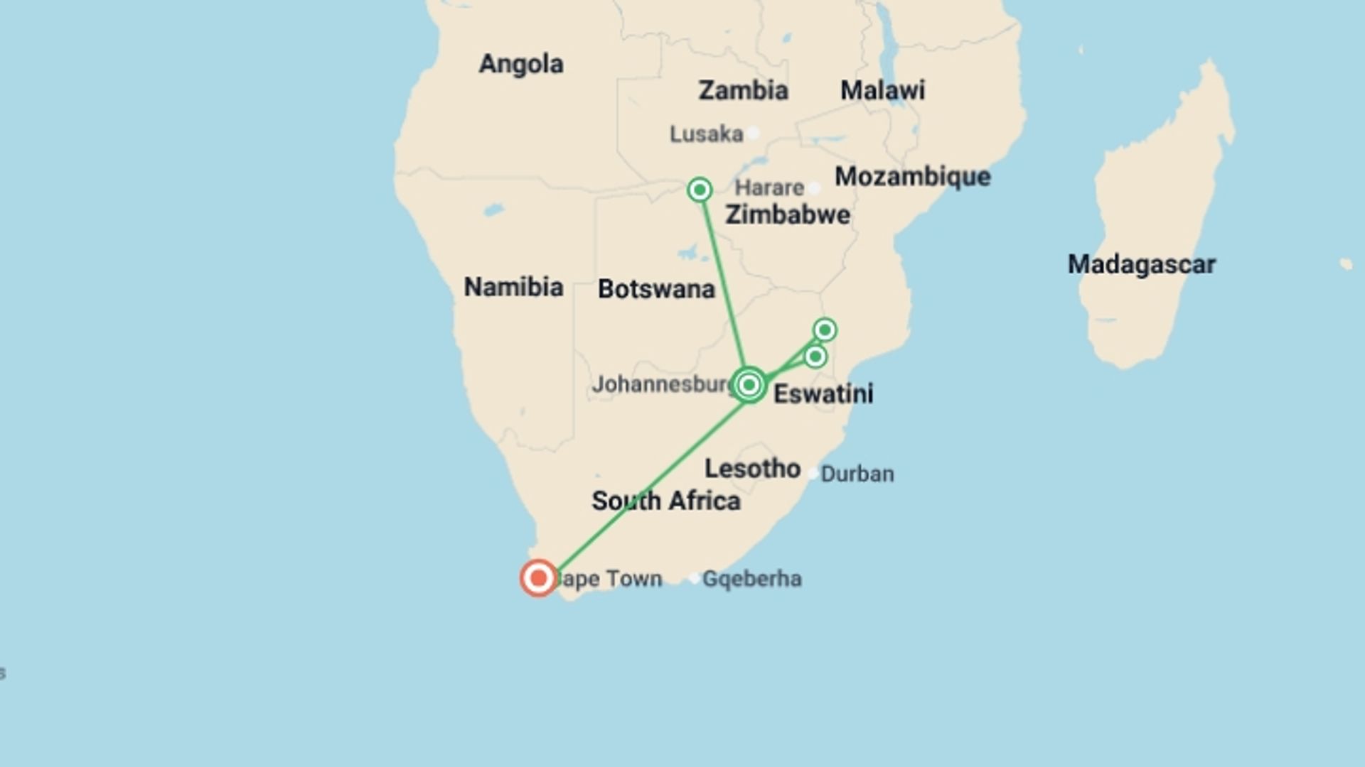 A map showing the tour itinerary for the trip: Discover South Africa and Victoria Falls, starting in Johannesburg, South Africa and ending in Cape Town, South Africa going through 4 other destinations.