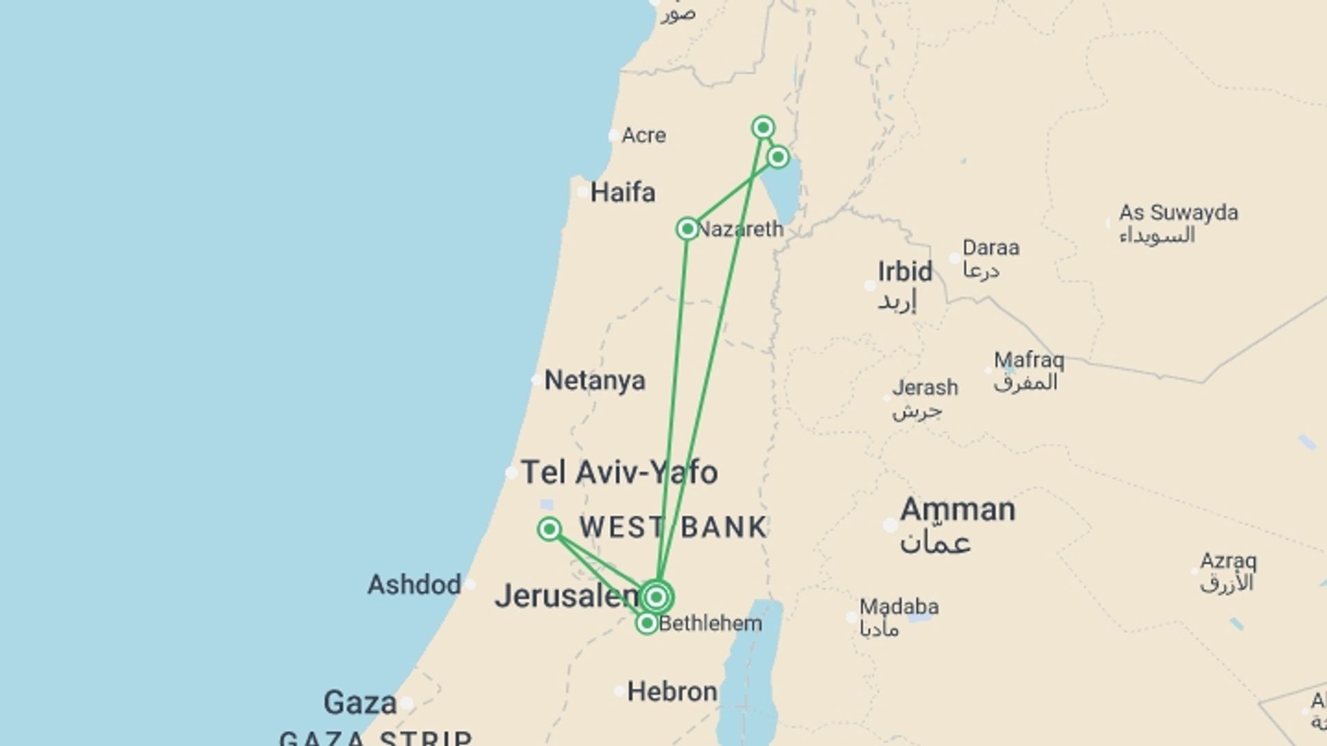 A map showing the tour itinerary for the trip: Christian Israel Tour Package, 4 Days From Tel Aviv, starting in Jerusalem, Israel and ending in Jerusalem, Israel going through 1 other destinations.