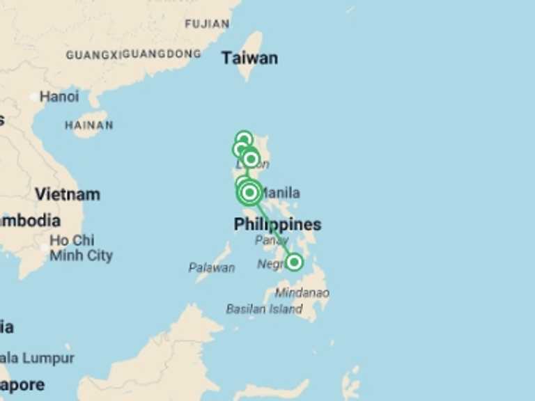 Map itinerary of Asia Tour in November 2026 with 8 destination visits for the trip: North Philippines Explorer + Bohol Beach Extension